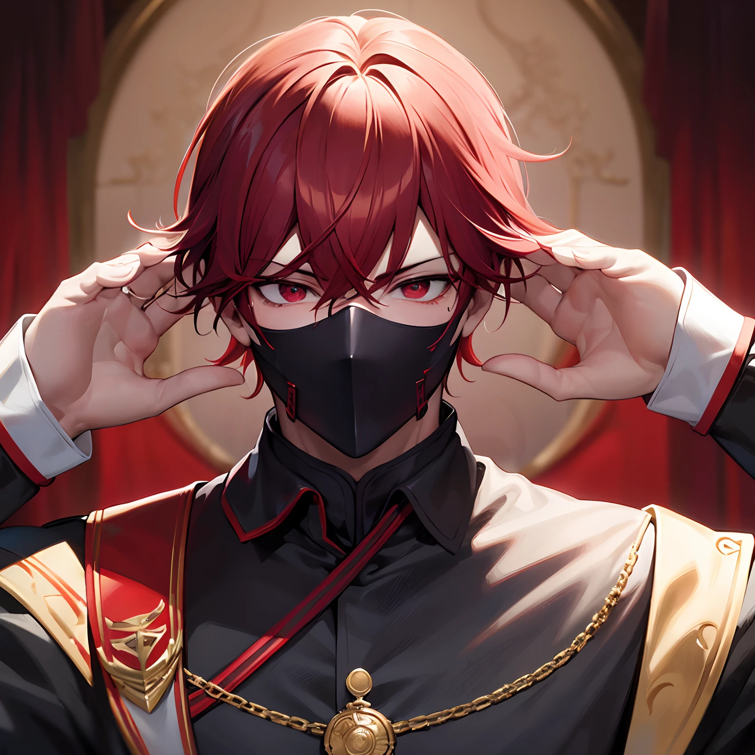 (masterpiece), best quality,red expressive eyes, perfect face, red haired, handsome boy, black mask, red eyebrows, black mask, White suit and black shirt, happy facial expression