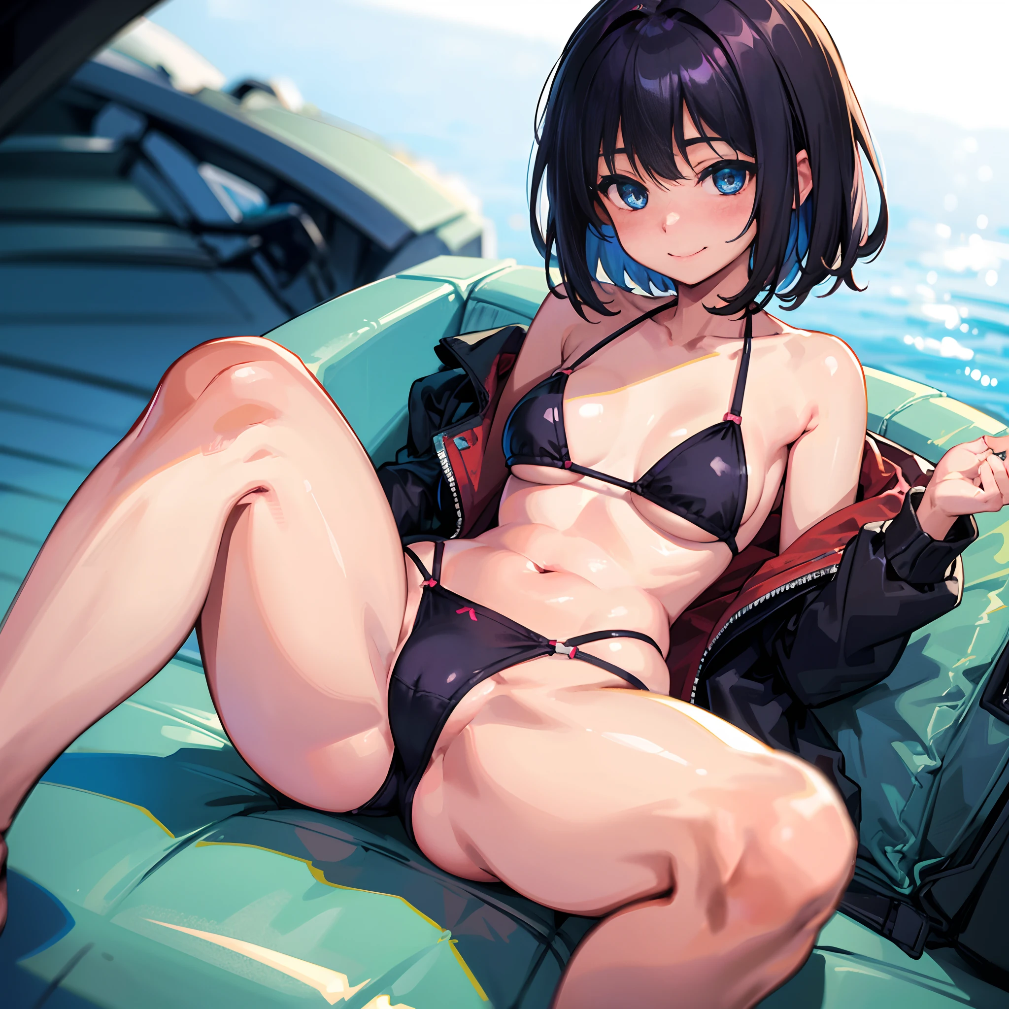 The bikini, ((Solo, 1girl in)), A dark-haired、short-hair, Medium chest, blue eyess、blush, embarrassed, A smile,  crotch seam, Spread legs, Inter-strands