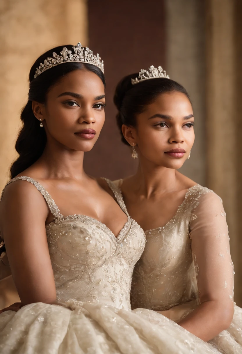 Visualize Queen Ranavalona III and her young niece , Reine de Madagascar, une femme blasian avec des traits distinctifs. Personne ne porte de couronne. She is sitting in her room with her niece whom she looks at tenderlyNo text on the picture, Please.