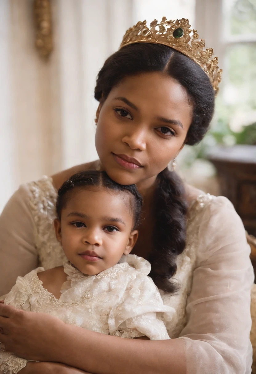 Visualize Queen Ranavalona III and her young niece , Reine de Madagascar, une femme blasian avec des traits distinctifs. Personne ne porte de couronne. She is sitting in her room with her niece whom she looks at tenderlyNo text on the picture, Please.