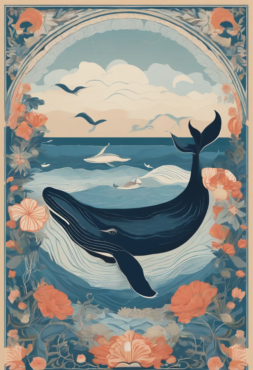 The pattern is circular，The base color is blue，There are whales，The corals，swell sea，Sea flowers，sea shell，Marine elements such as conch，Simple style，With a design style，The color perception is bright，stickfigure，Pencil color lead touch,The whale is in the lower left corner of the circle to the upper semicircle，The half of the circle is the waves and flowers，The whale's body under the sea is entangled in fishing nets or plastic，The whales at sea are intact