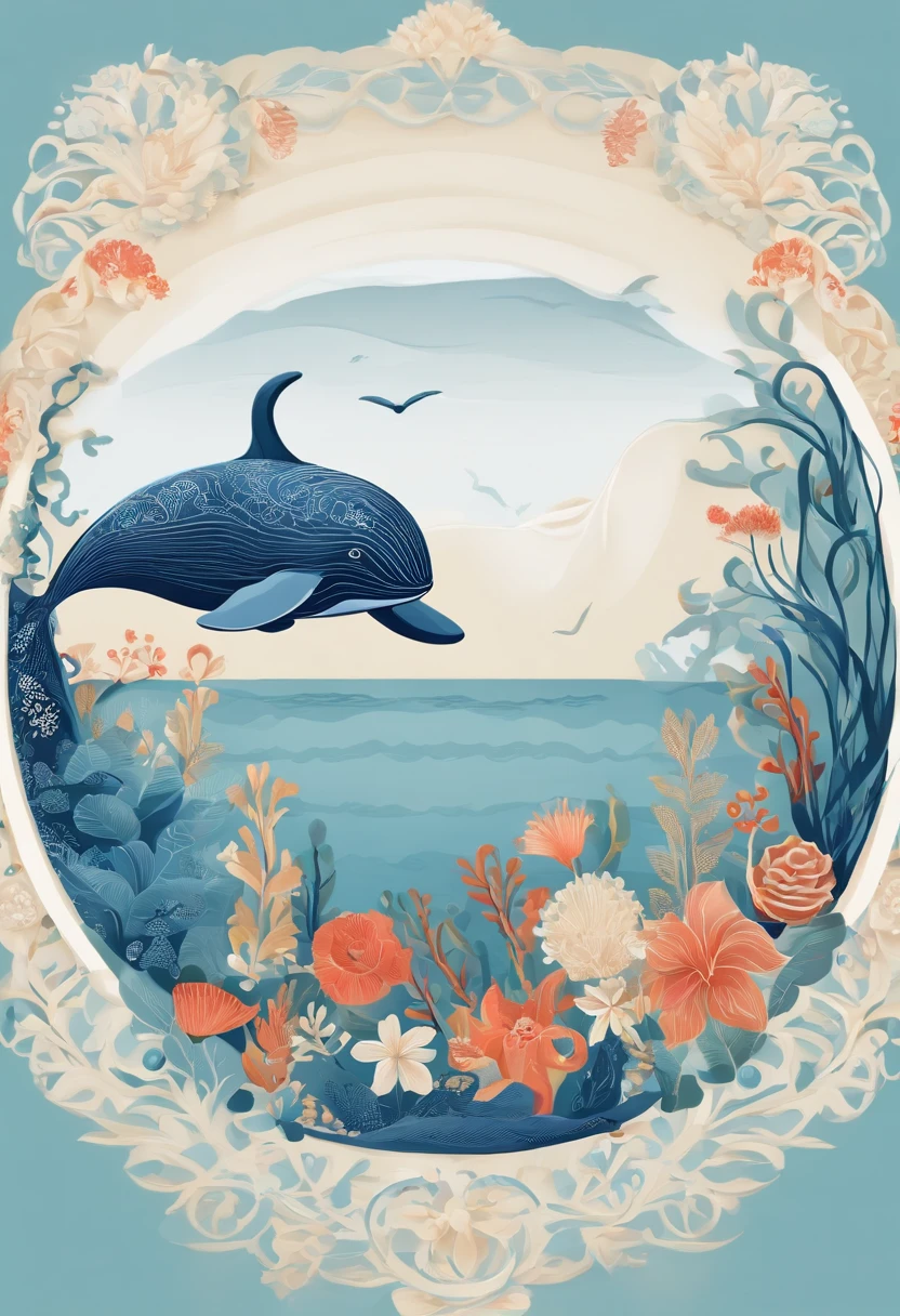 The pattern is circular,The base color is blue,There are whales,The corals,swell sea,Sea flowers,sea shell,Marine elements such as conch,Simple style,With a design style,The color perception is bright,stickfigure,Pencil color lead touch,The whale is in the lower left corner of the circle to the upper semicircle,The half of the circle is the waves and flowers,The whale's body under the sea is entangled in fishing nets or plastic,The whales at sea are intact