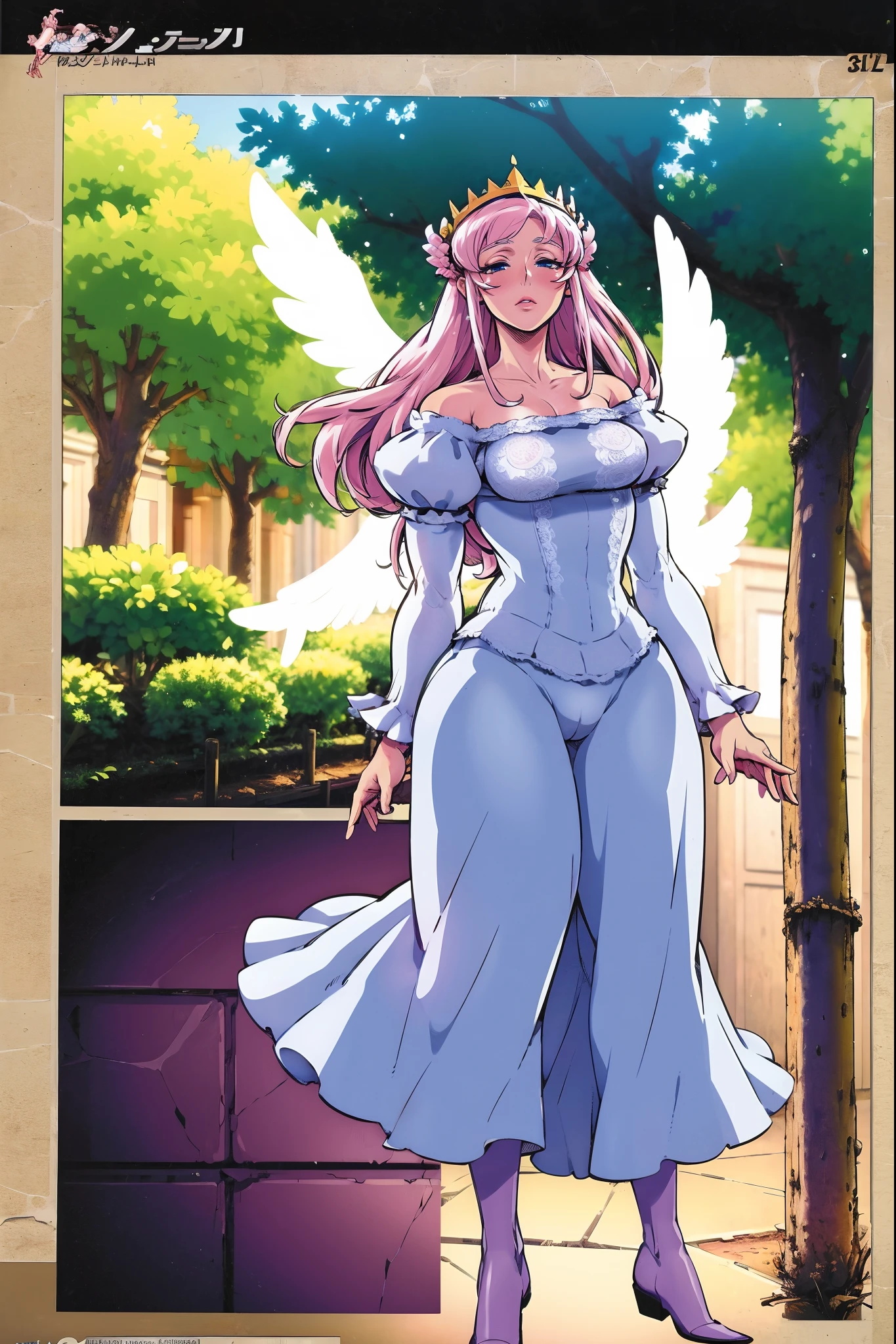 "(best quality,realistic:1),angelic figure,medium brushstrokes,pink flowing hair,beautiful detailed blue eyes,gossamer wings,translucent and ethereal,ankle-length white dress,chic knee-high boots,gracefully standing in a peaceful garden,wandering with angelic elegance"