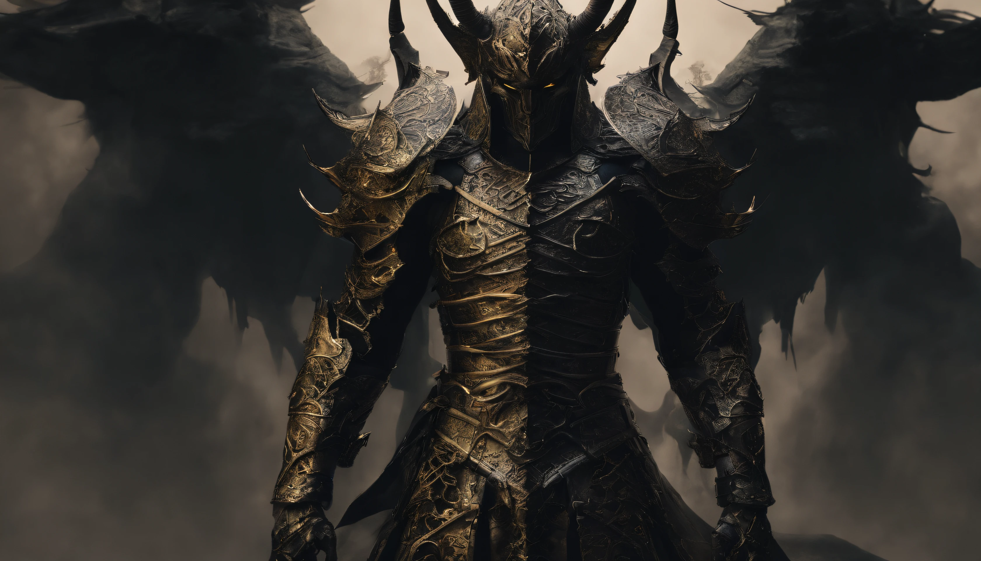 warrior, concept-art, author:Kishiganku, Fantasy art, Zen temple background, clean render, a horned, Wear a suit of armor, Detailed bushido form smoke, helmet of a forgotten deity, character is standing, 8k Realistic, in game render, detailed face background detail, Art station front page, taur, Pseudo-medieval fantasy, A deity wearing koi armor, detailed bronze armor, Bronze armor, golden etched armor, gold obsidian armor, Light gold armor, Gorgeous filigree armor, A demonic warrior, Gorgeous armor full of thorns, Intricate assasin armor, Intricate metal armor, powerful warrior, Dressed in gorgeous gold armor,Decorated with intricate patterns, The helmet has a large crown and two horns, Everything is in the dark, The smoky background hints at the battle scene, Add an ominous aura to his character,The Demon's Giant Demon Wings,submission, Full body shot.