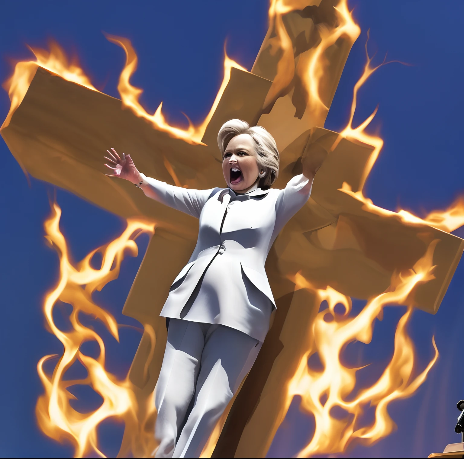 Hillary Clinton burns on a cross