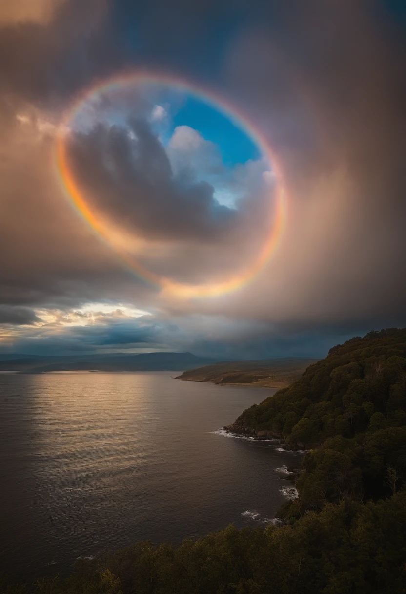 Close up of iridescent circle in the sky, ethereal rainbows, Rainbow clouds, A very colorful heaven, Rainbow clouds, Holy Light Halo, sunny rainbow galaxy stormy sea, Rainbow in the sky, Optical Synchrotron Halo, ethereal rainbow nimbus, Prism Halo, bright rainbow nimbus, a glowing halo, Iridescent sky, Heavenly Light, Beautiful images ever created