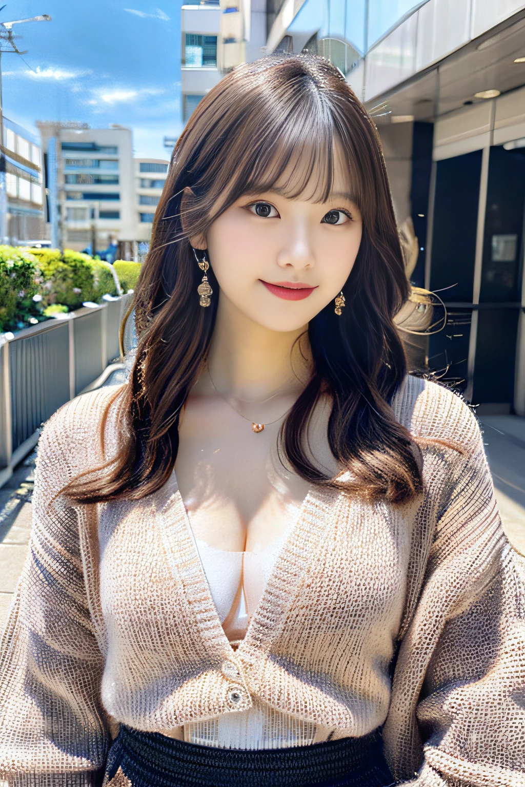 miyashita ai,high ponytail,short ponytail,sidelocks,bangs,medium hair,blonde hair,orange eyes,pleated skirt,collared_shirt,clothes around waist,sweater around waist,breasts, yuzuki yukari, 3d, 3d, 3d, full body, looking at viewers, focus on the girl, view straight on, extremely detailed body, slender waist, Beautiful detailed girl, 20 years old, long Bright wavy hair, handled hair, Air bangs, eyes visible through hair, hair over shoulder, hair intakes, detailed black hair, beautiful detailed hair, super fucking beautiful, seductive smile, furrowed brow, complex details beautiful and delicate eyes, Slightly open mouth, nail polish, cleavage cutout, Bare navel, long legs, light brown eyes, colorful clothes, beautiful hair ornaments, earrings, Beautifully gorgeous necklace, bag, beautiful detailed dress, cardigan, translucent pink skirt, high heels, overexposure, strapless, floral print cloth, beautiful detailed sky, ocean, beautiful detailed glow, sparkle, detailed glow, extremely detailed 8K wallpaper, extremely detailed 8K wallpaper, extremely detailed 8K wallpaper,