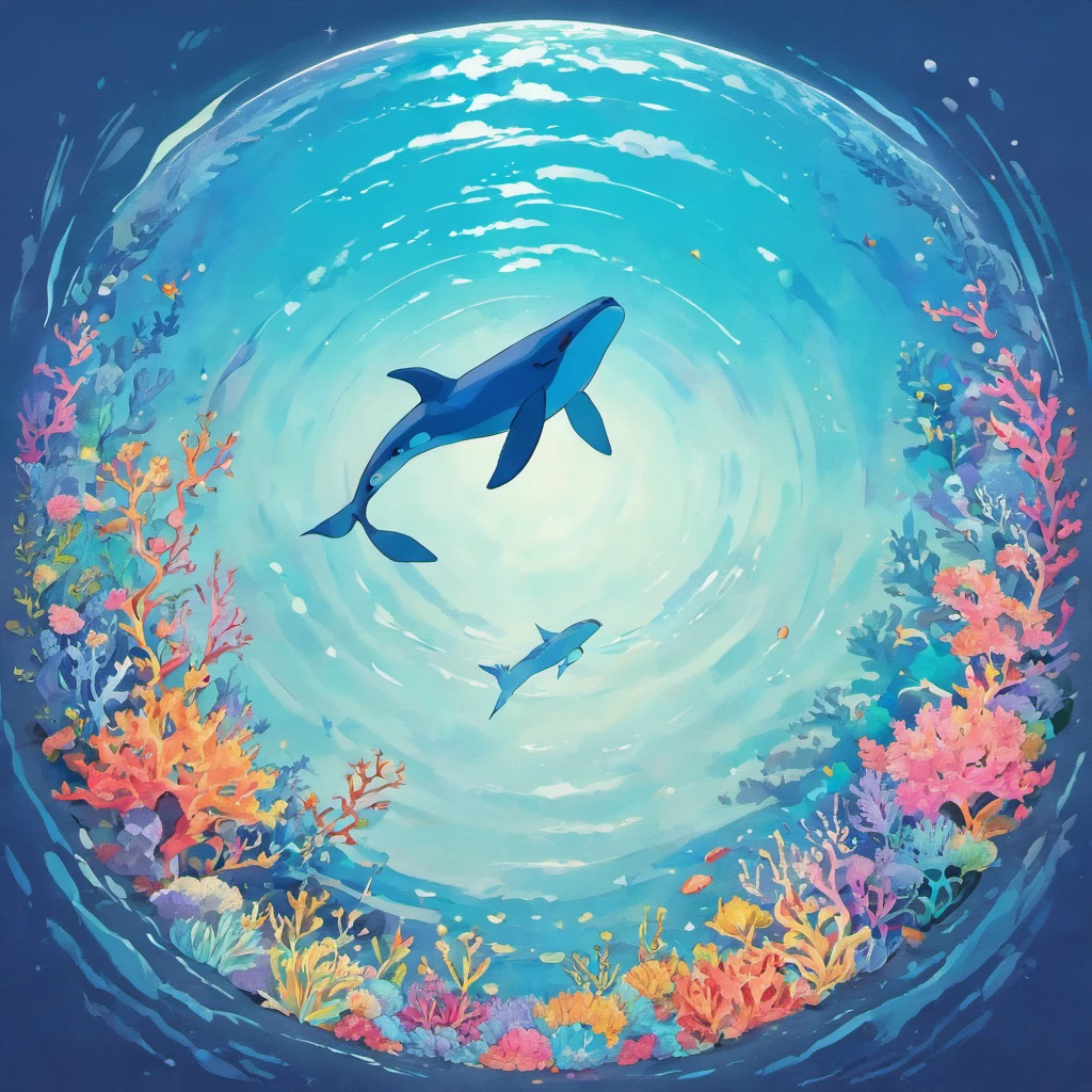 The pattern is circular,The base color is blue,There are whales,The corals,swell sea,Sea flowers,sea shell,Marine elements such as conch,Simple style,With a design style,The color perception is bright,stickfigure,Pencil color lead touch,The whale is in the lower left corner of the circle to the upper semicircle,The half of the circle is the waves and flowers,The whale's body under the sea is entangled in fishing nets or plastic,The whales at sea are intact