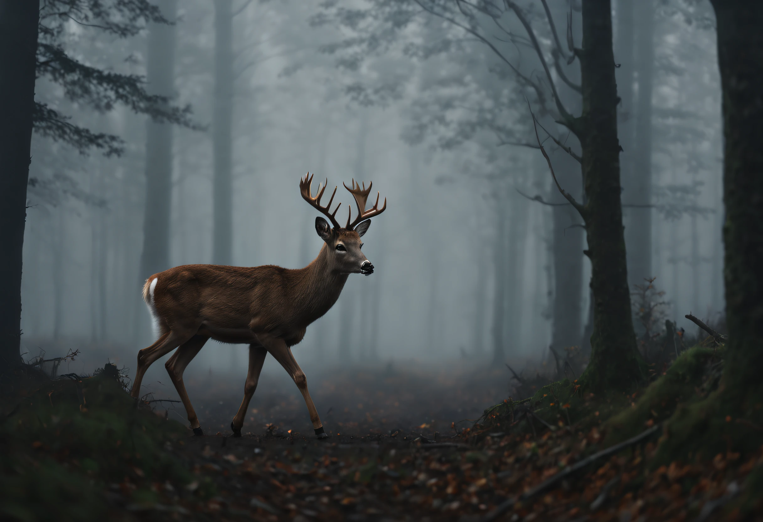 (best quality, 4k, 8k, high resolution, masterpiece: 1.2), ultra detailed, (realistic, photorealistic, photorealistic: 1.37), a deer walking through a misty forest. The image is realistic and the deer moves away from the camera in the center of the image. The deer is accompanied by its young. The trees are tall and have no leaves. The fog is thick and the trees are barely visible. The atmosphere of the image is disturbing and mysterious.