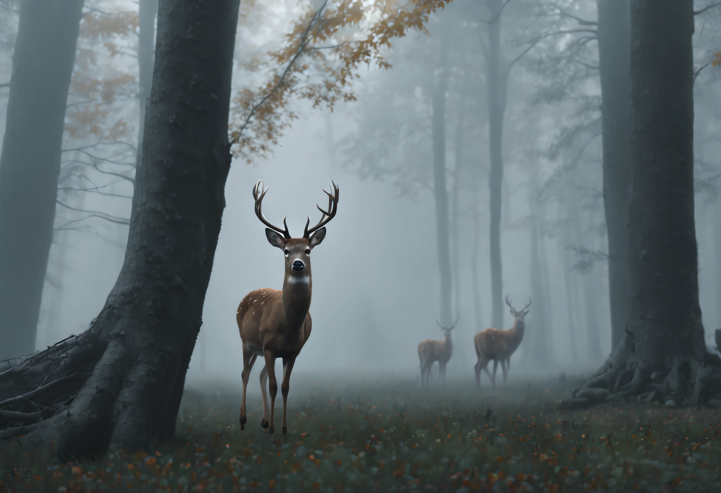 (best quality, 4k, 8k, high resolution, masterpiece: 1.2), ultra detailed, (realistic, photorealistic, photorealistic: 1.37), a deer walking through a misty forest. The image is realistic and the deer moves away from the camera in the center of the image. The deer is accompanied by its young. The trees are tall and have no leaves. The fog is thick and the trees are barely visible. The atmosphere of the image is disturbing and mysterious.