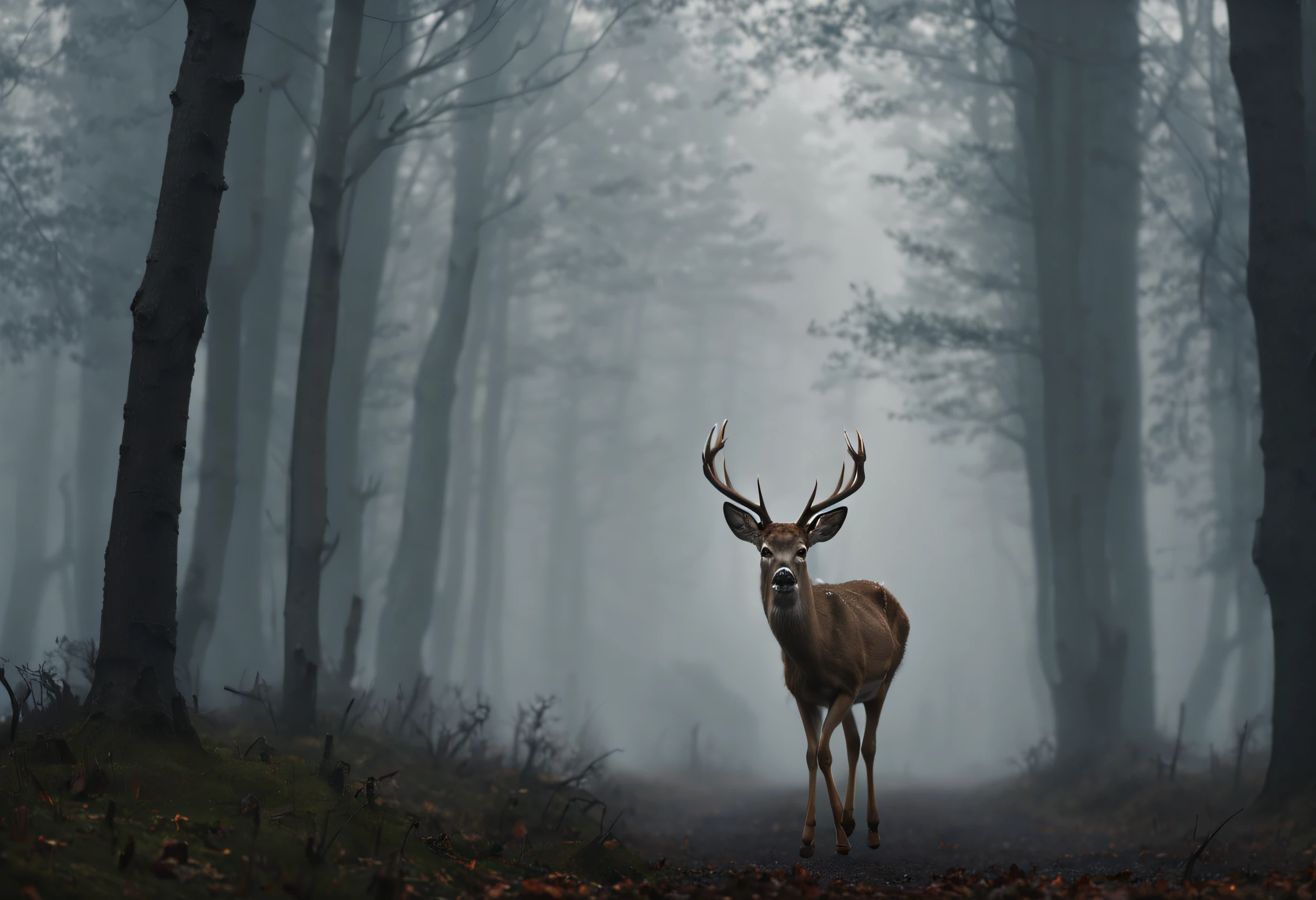 (best quality, 4k, 8k, high resolution, masterpiece: 1.2), ultra detailed, (realistic, photorealistic, photorealistic: 1.37), a deer walking through a misty forest. The image is realistic and the deer moves away from the camera in the center of the image. The deer is accompanied by its young. The trees are tall and have no leaves. The fog is thick and the trees are barely visible. The atmosphere of the image is disturbing and mysterious.