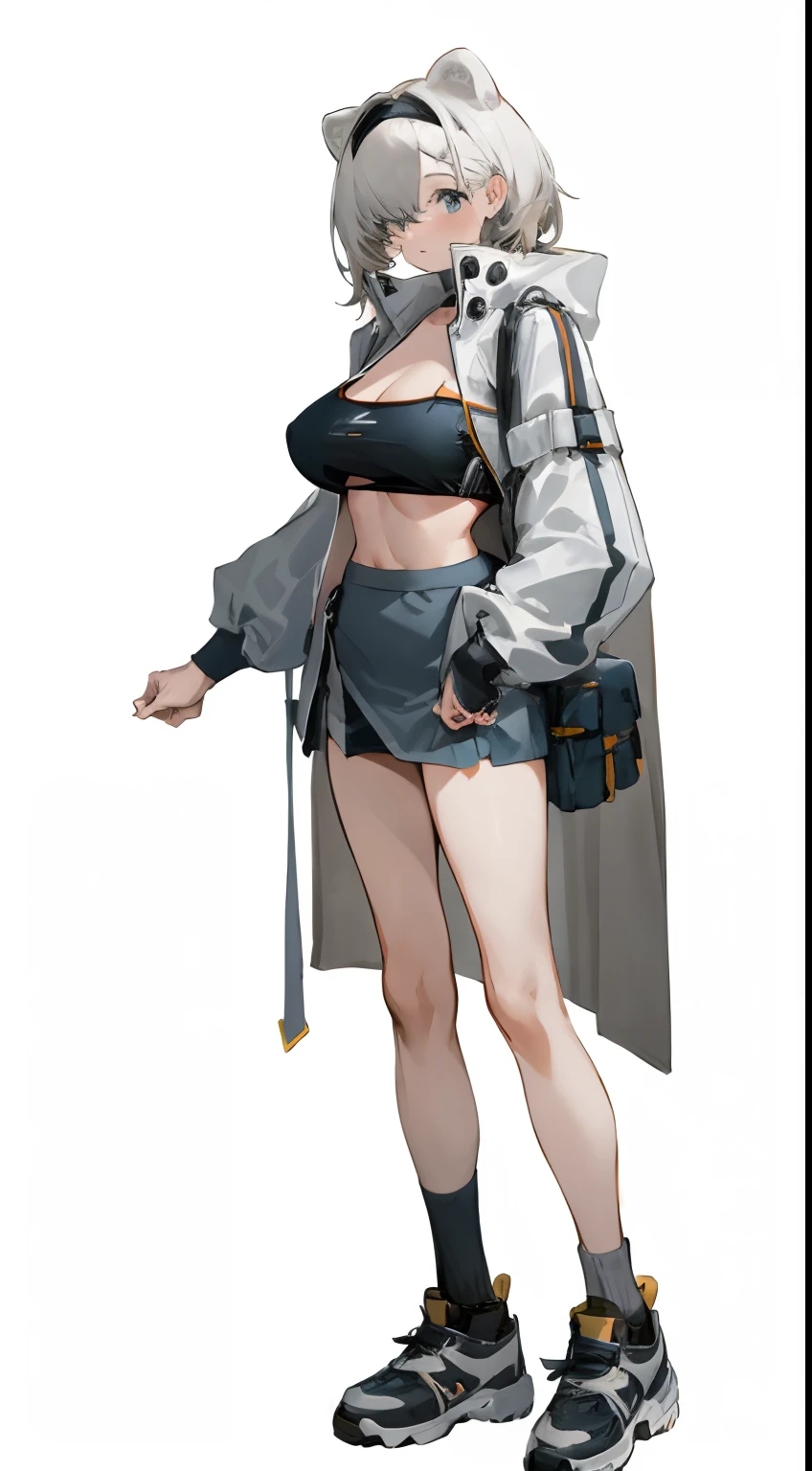 Bigboobs，cropped shoulders，knee length socks，pleatedskirt，athletic sneakers，Wear a trench coat outside，Wear a bandeau underneath，Stand up