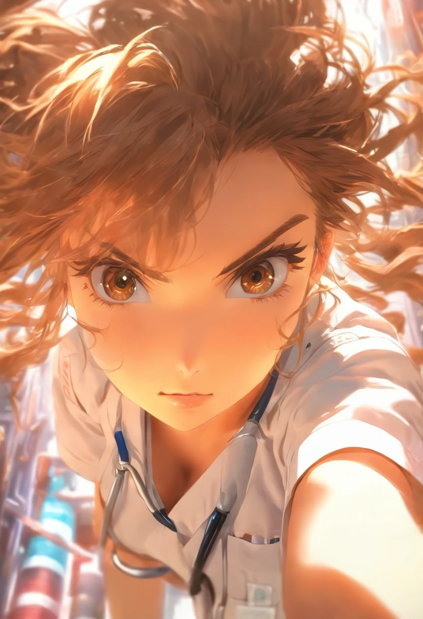 foreshortening,  depth of field, masterpiece, best quality, 1girl, brown hair, brown eyes,  long hair, solo, looking at viewer, nurse