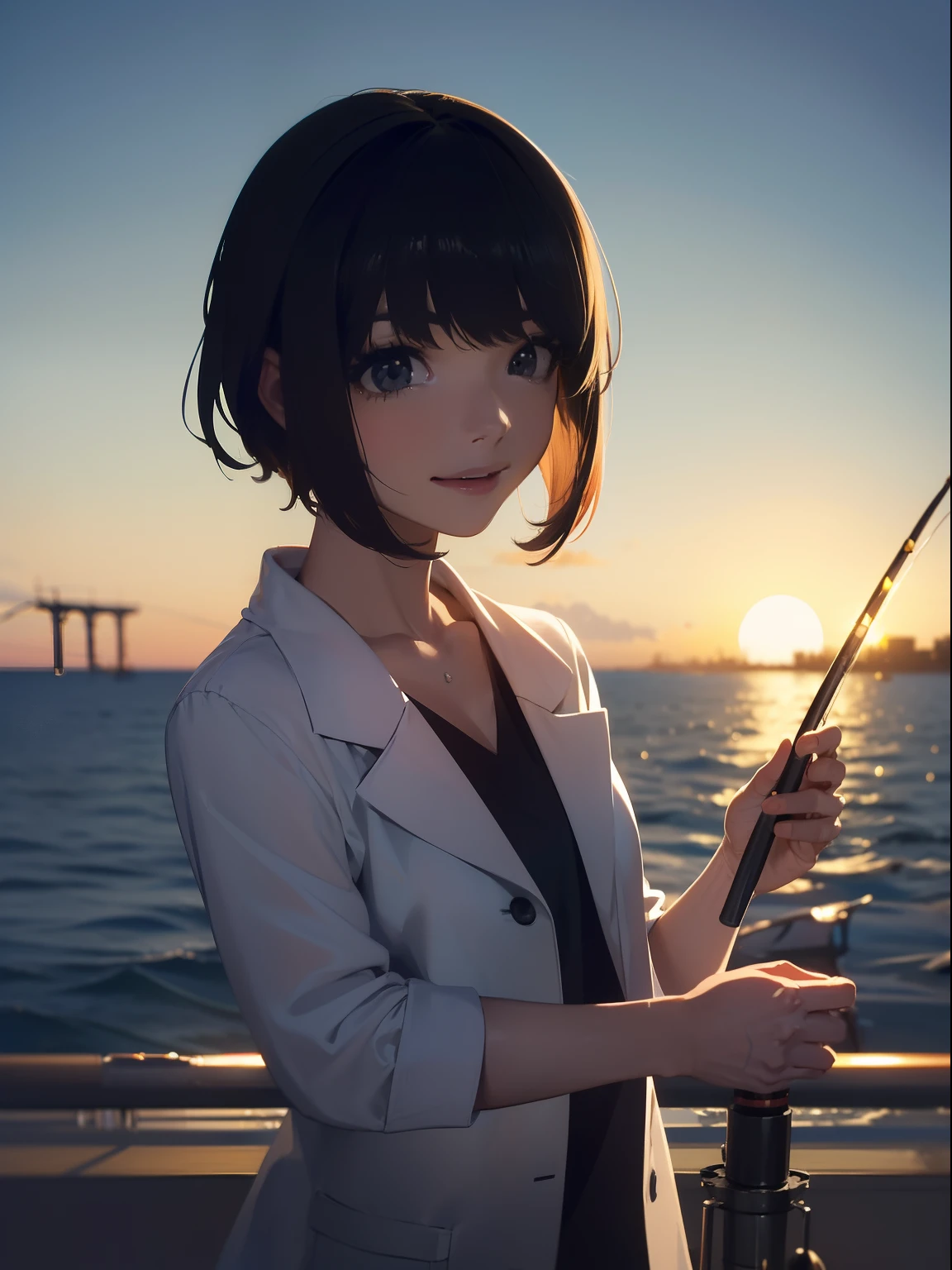 ((((I have a fishing rod with a reel by the sea)))),((Best Quality, masutepiece :1.3)),((( Marlin))),hight resolution,ultra-detailliert,Beauty and aesthetics,​masterpiece,best qualtiy,(1 Japanese woman),Black hair, long eyeslashes, Solid Circle Eyes, a smile, drop shadow, Atmospheric perspective,Super Detail, ccurate, small brest,(White jacket :1.1),top-quality, absurderes:1.2, blurry backround, bokeh dof:1.2, a picture, (​masterpiece:1.3), (intricate detailes:1.2), Atmospheric perspective,Super Detail, ccurate,Sunset,short-haired