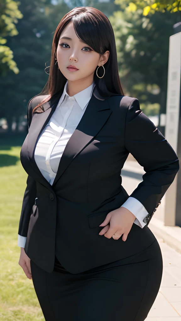 realisitic、Curvaceous woman standing alone, Woman in black business suit, with a business suit on, businesswoman, Woman in business suit, Wearing a white collar shirt under a suit、business skirt、tight skirts、Girl in a suit, female in office dress, , Girl in suit, young business woman, in a business suit, business outfit, Wear a suit、Office Suits、Not wearing glasses、Not wearing a tie、professional photograpy、Does not expose the skin, Japanese Models,、,The skin is not exposed、fleshy body, large boob、 hard 、、big butts、Big belly、thick waist、Body without tone、thick thight、thick arms、Round face、Fat face、chubby cheeks、Sauce order、big eye、A dark-haired、short-haired、Standing facing the front、Left hand pose on the hip、Right hand is down in a pose、Straight back posture、Sun background、