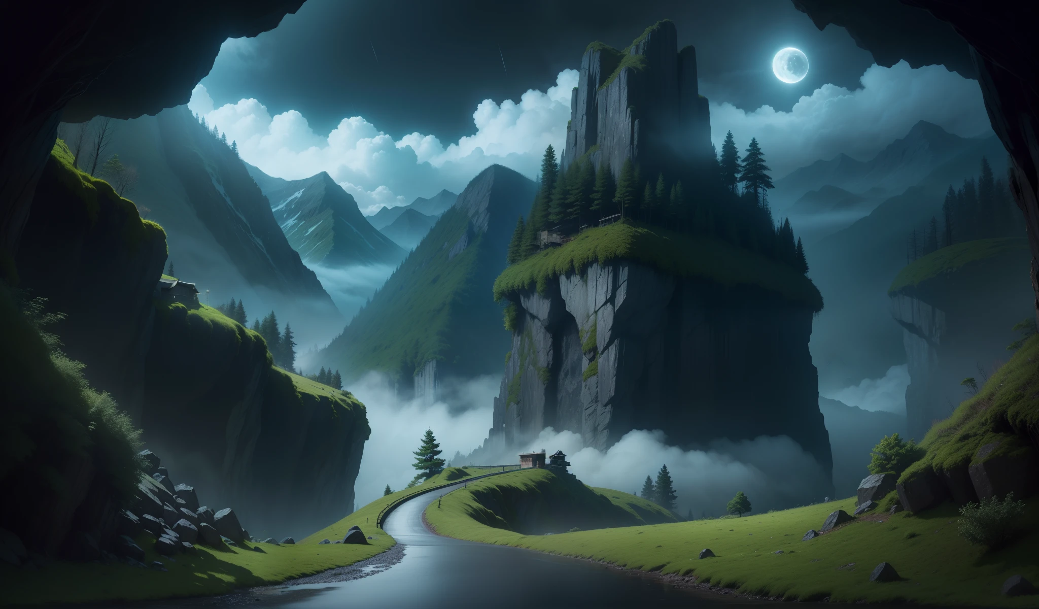 Quiet,NOhumans,ln the forest,the night,Daisaku,Cloud fog,mossy,themoon,rained, scary, mountain, cave, pathway, standing pov, bright