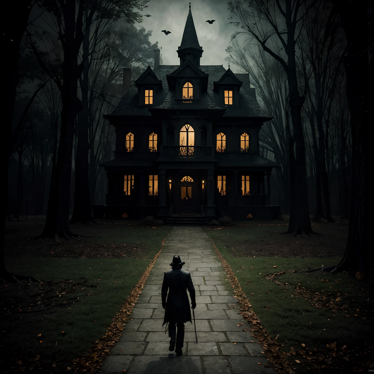 a painting of a man walking down a path in front of a creepy house, halloween scene, spooky and scary atmosphere, fantasy dark art, halloween atmosphere, haunting and spooky, fantasy horror art, horror fantasy art, spooky mansion, halloween art style, detailed 4k horror artwork, dark fantasy horror art, spooky halloween night, scary night, dark fantasy artwork, scary atmosphere