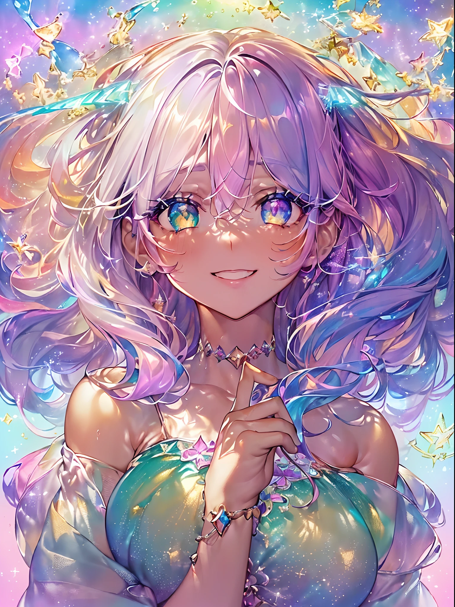 Light focus , (Bright gradient watercolor :1.5, Lens Flare:1.5 , Glitter :1.5), (fruit:1.5,a cake:1.5、girl with:1.5, fluffy girl:1.5)、full body Esbian、Glow , Dreamy , Bright background、Grid illusion, Colorful, girl、(((Bright sea background:1.5,Psychic in the background:1.5))),((extremely detailed eye:1.5)),{{{Ultra 8K resolution}}},((masutepiece, of the highest quality, Beautiful and aesthetic: 1.2)),{{hyper detailed masterpiece: 1.7}}, {{Cinematic lighting}},(The hair Transparency:1.5),(Light shades:1.5,light toned,Bright big aurora background:1.5、ming:1.5,Cold reflection:1.5,The edges of the object are reflected by a rainbow:1.5) 、(Golden ratio: 1.2), (Full body: 1.2), (Super Detail: 1.3), (girl with: 1.3), (Fractal Art: 1.3), {{{Glitter Pupil:1.25}}}) , ((rainbow-colored hair:1.2、colourful hair、Half blue and half red hair:1.5,Shiny hair: 1.2)), (Heterochromia), (full body Esbian), (Hyper-detailing), ((delicate detail)), (intricate-detail), ((Cinematic Light, Highest quality backlight)), High contrast, {{{The best lighting, Very delicate and beautiful}}}, (( Cinematic Light)), (ray trace reflection, Glow), (((glowing aura)), {{{Glowing hair:1.25}}}, ((Super Detail)), (8K)), ((a closeup)), ((Brown skin)), ((Seductive smile)) ,((high angle full body shot)), (Full body:1.2)、(firmament:1.5)