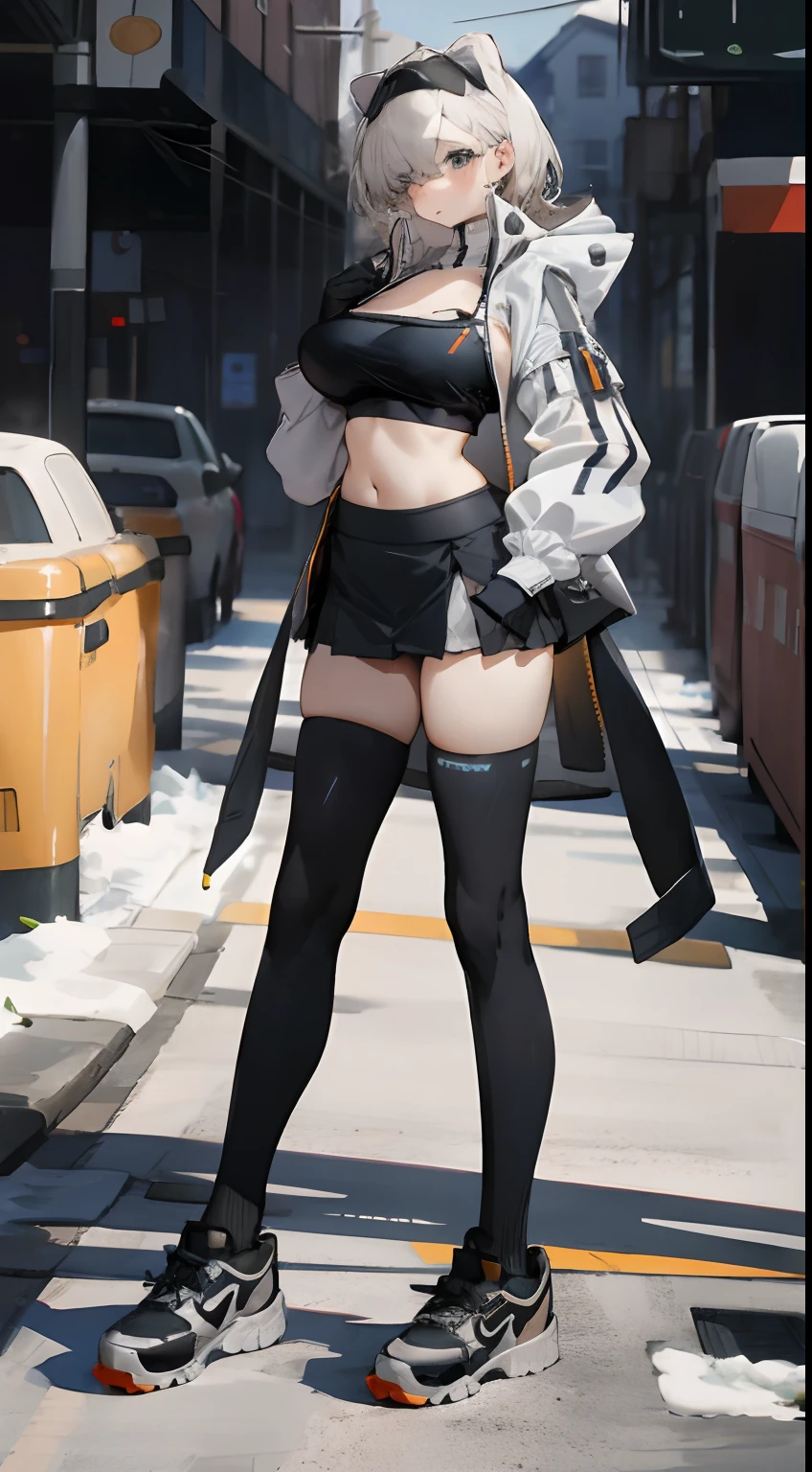 Bigboobs，cropped shoulders，knee length socks，pleatedskirt，athletic sneakers，Wear a trench coat outside，Wear a bandeau underneath，Stand up