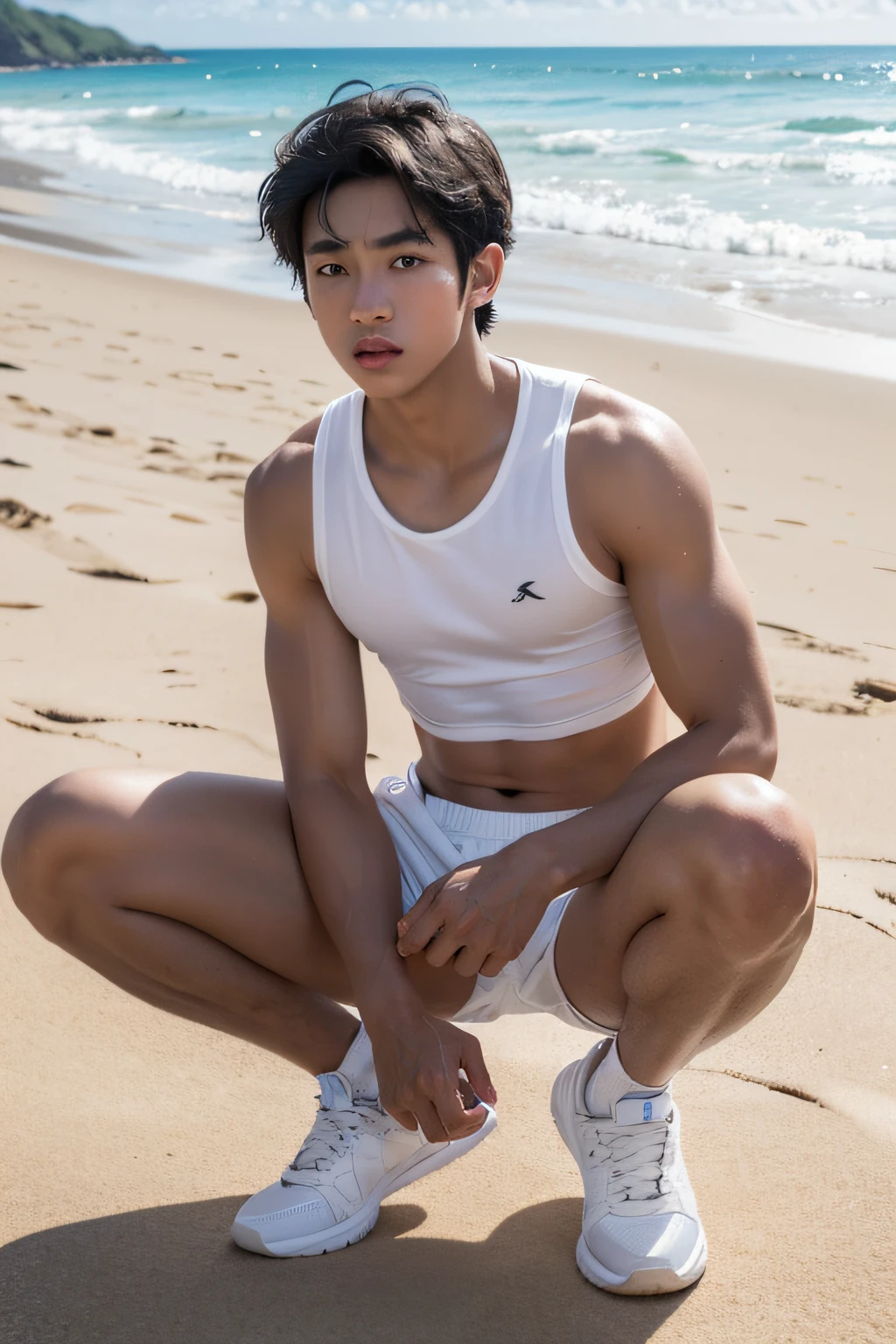 A 16 year old boy on the beach,Naked upper body, Wearing gym shorts, whitestocking, Wear sneakers, sentado na praia,Wearing sweat, Abs, junior school student, Differential crushing cap, rough breath, Black hair, Messy hair, modern, Eye level shots, hyper HD, Masterpiece, ccurate