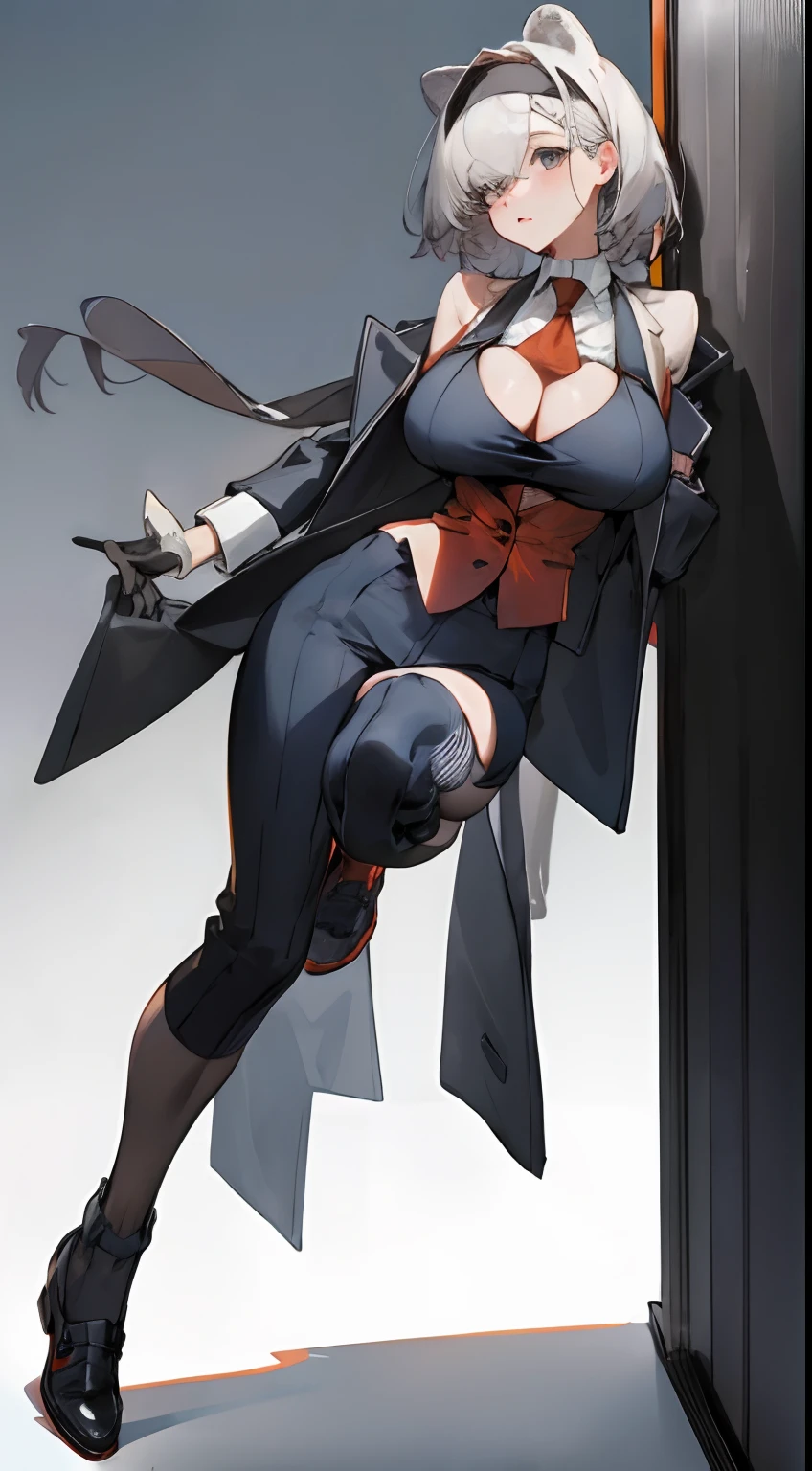 Bigboobs,cropped shoulders,knee length socks,Business suits,Suits,formal suits,business shoes,Stand up