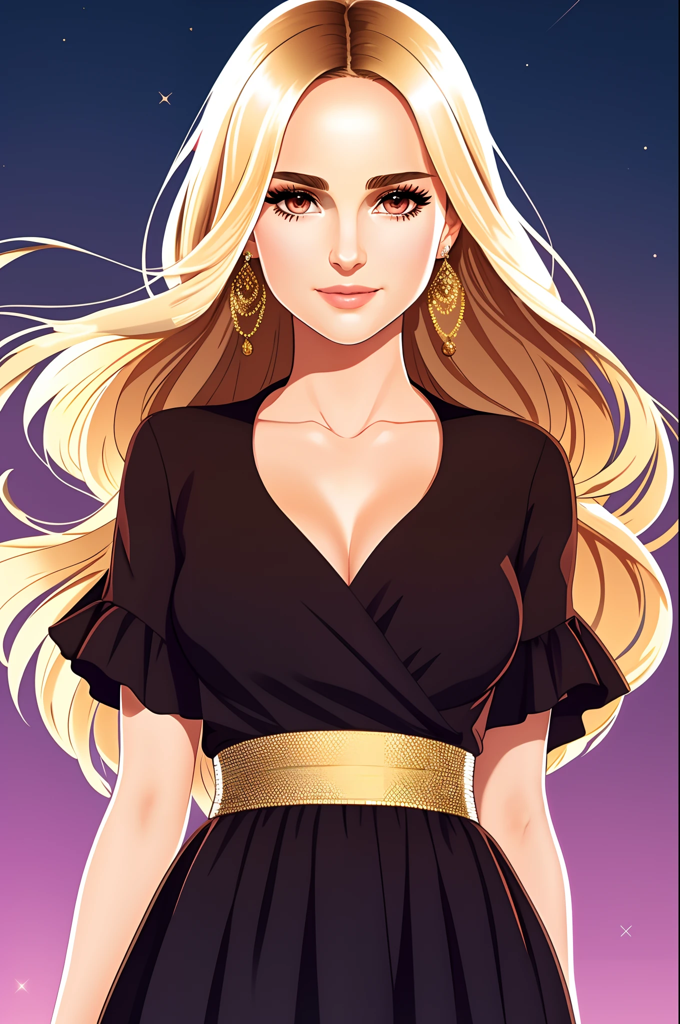 uo,flat vector art, ABBA singer,woman,beautiful anime style woman,Natalie Portman,(dark brown eyes),big smile,Blonde hair,flat colors,cute head,standing in the center of the view,,wide angle,epicted in a full body shot. She is the main focus of the image, capturing her elegance and beauty,clean detailed faces, intracate clothing, analogous colors, glowing shadows, beautiful gradient, depth of field, clean image, high quality, high detail, high definition, Luminous Studio graphics engine, cute face, slim waist, nice hips