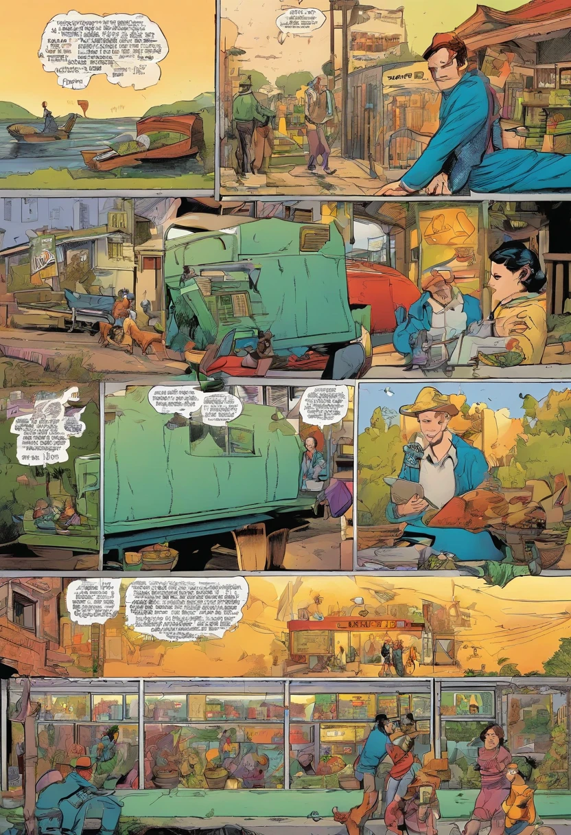 American comics, the comic story is presented in multiple irregular panels with color. The American Shorthair man goes through hardships while running away from home and then reunites with his family. The style is exaggerated and detailed