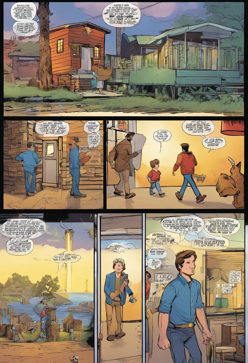 American comics, the comic story is presented in multiple irregular panels with color. The American Shorthair man goes through hardships while running away from home and then reunites with his family. The style is exaggerated and detailed