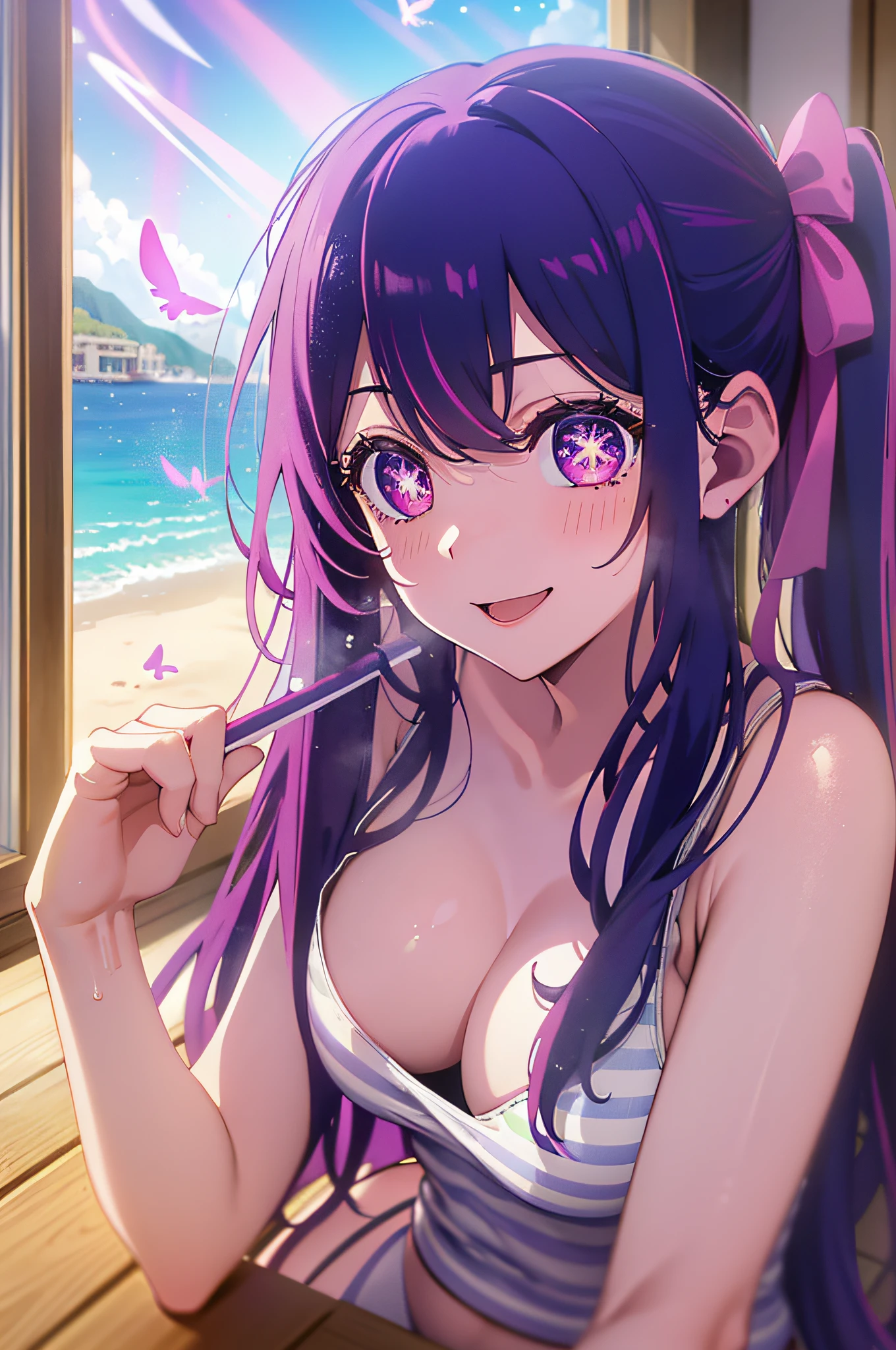 (Best Quality:1.4, masutepiece, 4K, Details), Ai Hoshino, Long hair, Purple hair, Striped hair, side poneyTail, Beautiful detailed eyes, Purple eyes, hair adornments, Smile, Butterfly sitting pose with legs, School uniform, Early morning seaside background, busty figure,nedium breasts,paleskin,extreme close - up, Glowing eyes, sunshine through windows, Glitter Effects,Sweat sweat、Swimwear choose absolutely white、Wet、yogapose、yoga、Iridescent eyes,Wearing a rainbow-colored aura from the whole body、 Shadow lighting,Buttocks、M-shaped legs、yoga pose、perspiring、Love Juice、juice