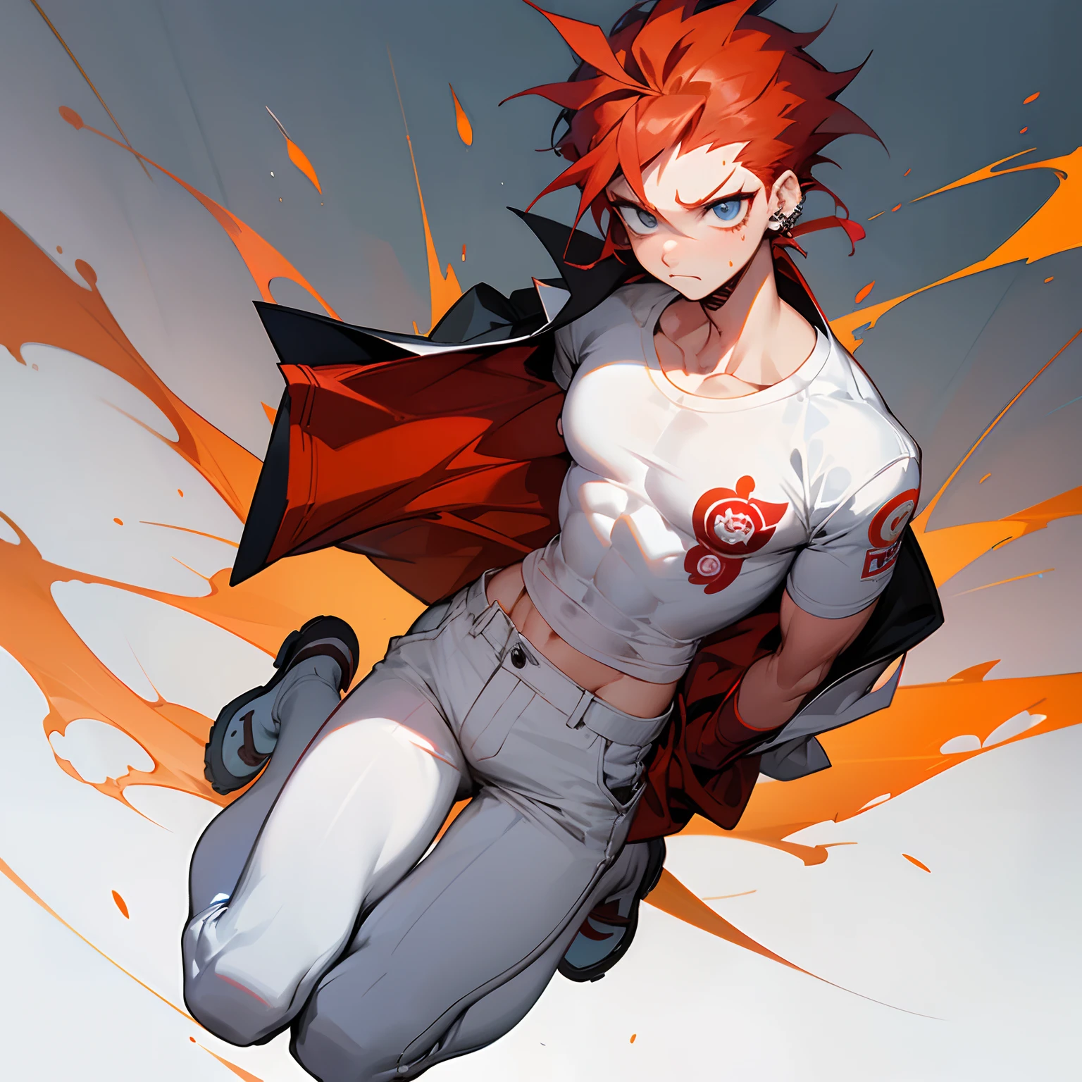 Danganronpa　Reon Kuwata　red hairs　Allback　skin head　High school students　white t-shirts　piercings　Blue eyes　Tongue piercing　Male 　Frightened　Teary-eyed　A sexy　barechested　Resistance　White jacket　White pants　The pattern on the T-shirt is an illustration of a flame　full body Esbian