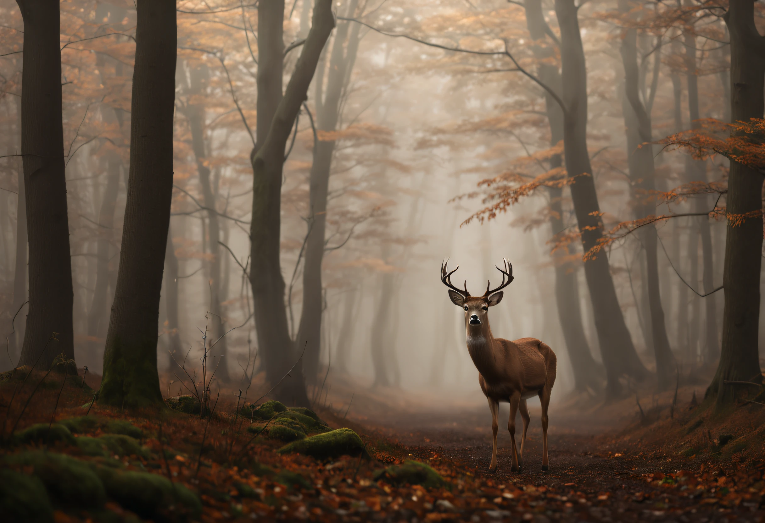 (best quality, 4k, 8k, high resolution, masterpiece: 1.2), ultra detailed, (realistic, photorealistic, photorealistic: 1.37), a deer walking through a misty forest. The image is realistic and the deer moves away from the camera in the center of the image. The deer is accompanied by its young. The trees are tall and have no leaves. The fog is thick and the trees are barely visible. The atmosphere of the image is disturbing and mysterious.