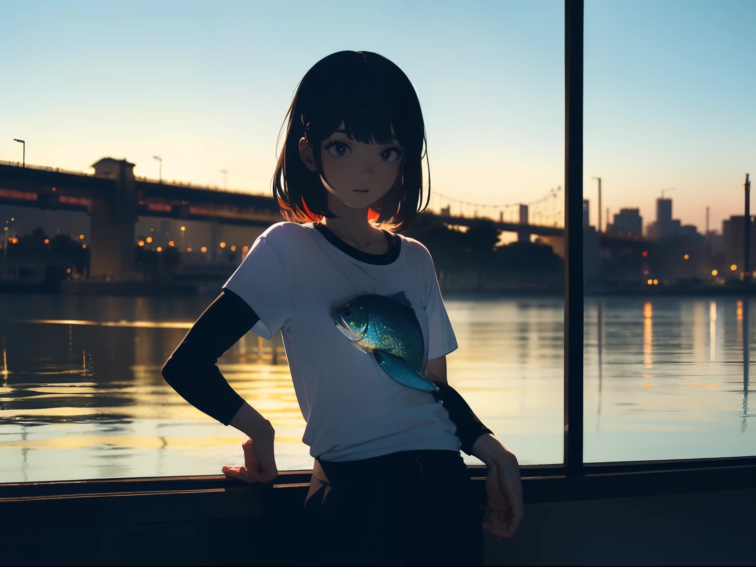 ((((Catch big fish by the lake)))),((Best Quality, masutepiece :1.3)),((( Large Mouth Bus))),hight resolution,ultra-detailliert,Beauty and aesthetics,​masterpiece,best qualtiy,(1 Female Older Japan 22),Black hair, long eyeslashes, Solid Circle Eyes, deadpan, drop shadow, Atmospheric perspective,Super Detail, ccurate, small brest,(White T-shirt :1.1),top-quality, absurderes:1.2, blurry backround, bokeh dof:1.2, a picture, (​masterpiece:1.3), (intricate detailes:1.2), Atmospheric perspective,Super Detail, ccurate,dynamic compositions
