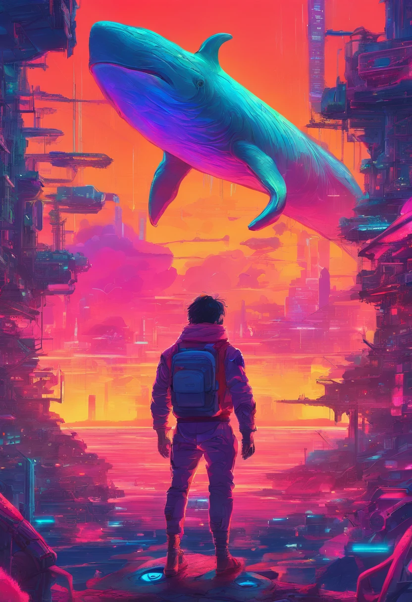 Anime - Small human beings standing in front of giant whales, Huge whales,mechanized,Cyberpunk style,Fine details. anime big breast. Anime epic artwork, dreamy psychedelic anime, colorful concept art, emotional concept art, Beeple e James Jean, anime visuals, artgem and beeple masterpiece, Anime art wallpaper 4 K