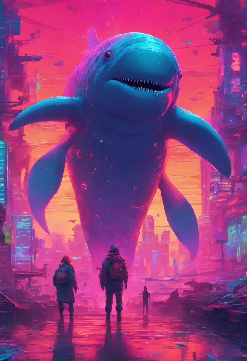 Anime - Small human beings standing in front of giant whales, Huge whales，mechanized，Cyberpunk style，Fine details. anime big breast. Anime epic artwork, dreamy psychedelic anime, colorful concept art, emotional concept art, Beeple e James Jean, anime visuals, artgem and beeple masterpiece, Anime art wallpaper 4 K