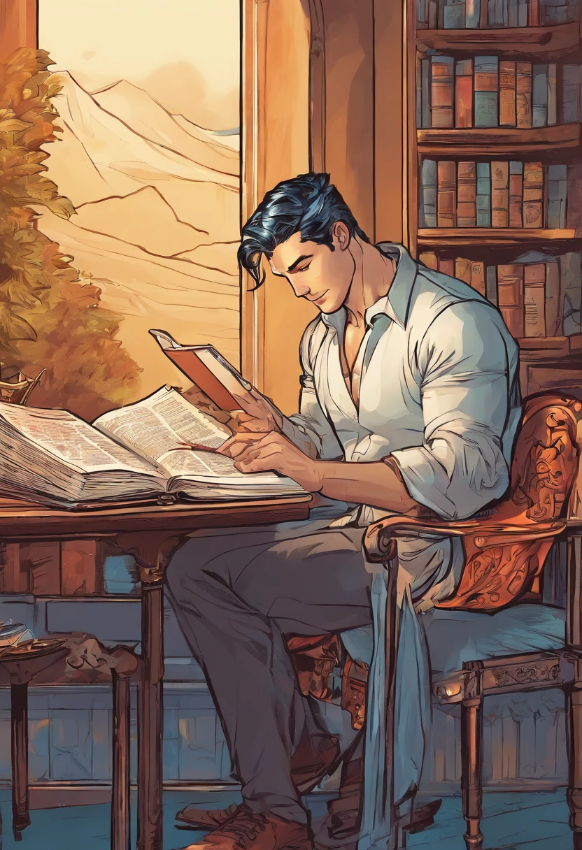 A handsome man studying the bible, Romanticism, cinematic lighting, anatomically correct, UHD, high quality