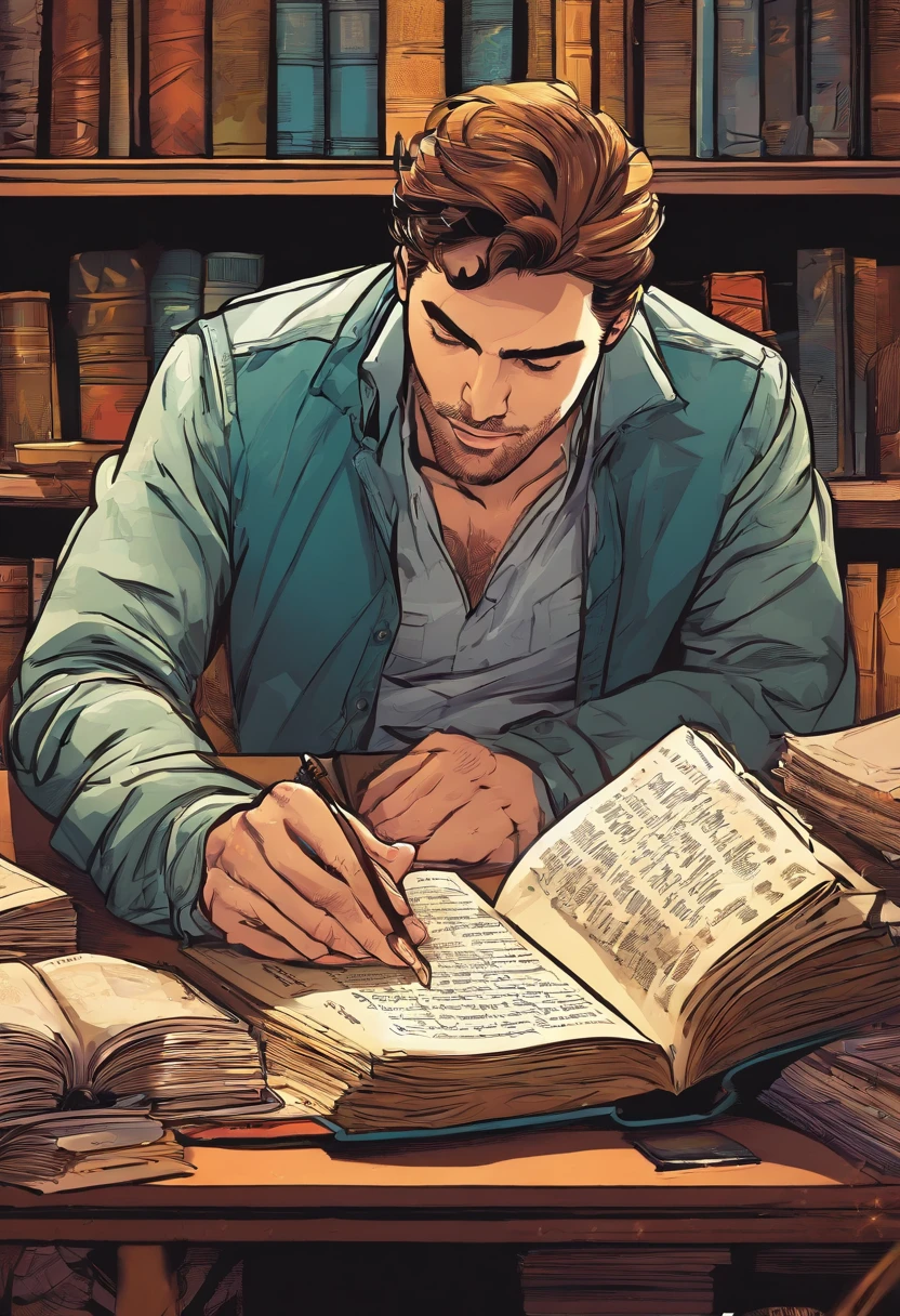 A handsome man studying the bible, Romanticism, cinematic lighting, anatomically correct, UHD, high quality