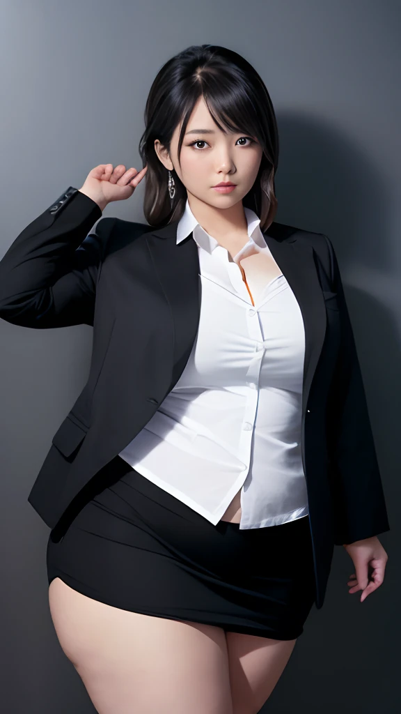 realisitic、Curvaceous woman standing alone, Woman in black business suit, with a business suit on, businesswoman, Woman in business suit, Wearing a white collar shirt under a suit、business skirt、tight skirts、Girl in a suit, female in office dress, , Girl in suit, young business woman, in a business suit, business outfit, Wear a suit、Office Suits、Not wearing glasses、professional photograpy、Does not expose the skin, Japanese Models,、,The skin is not exposed、fleshy body, large boob、 hard 、、big butts、Big belly、thick waist、Body without tone、thick thight、thick arms、Round face、Fat face、chubby cheeks、Sauce order、big eye、A dark-haired、short-haired、Standing facing the front、Left hand pose on the hip、Right hand is down in a pose、Straight back posture、Sun background、