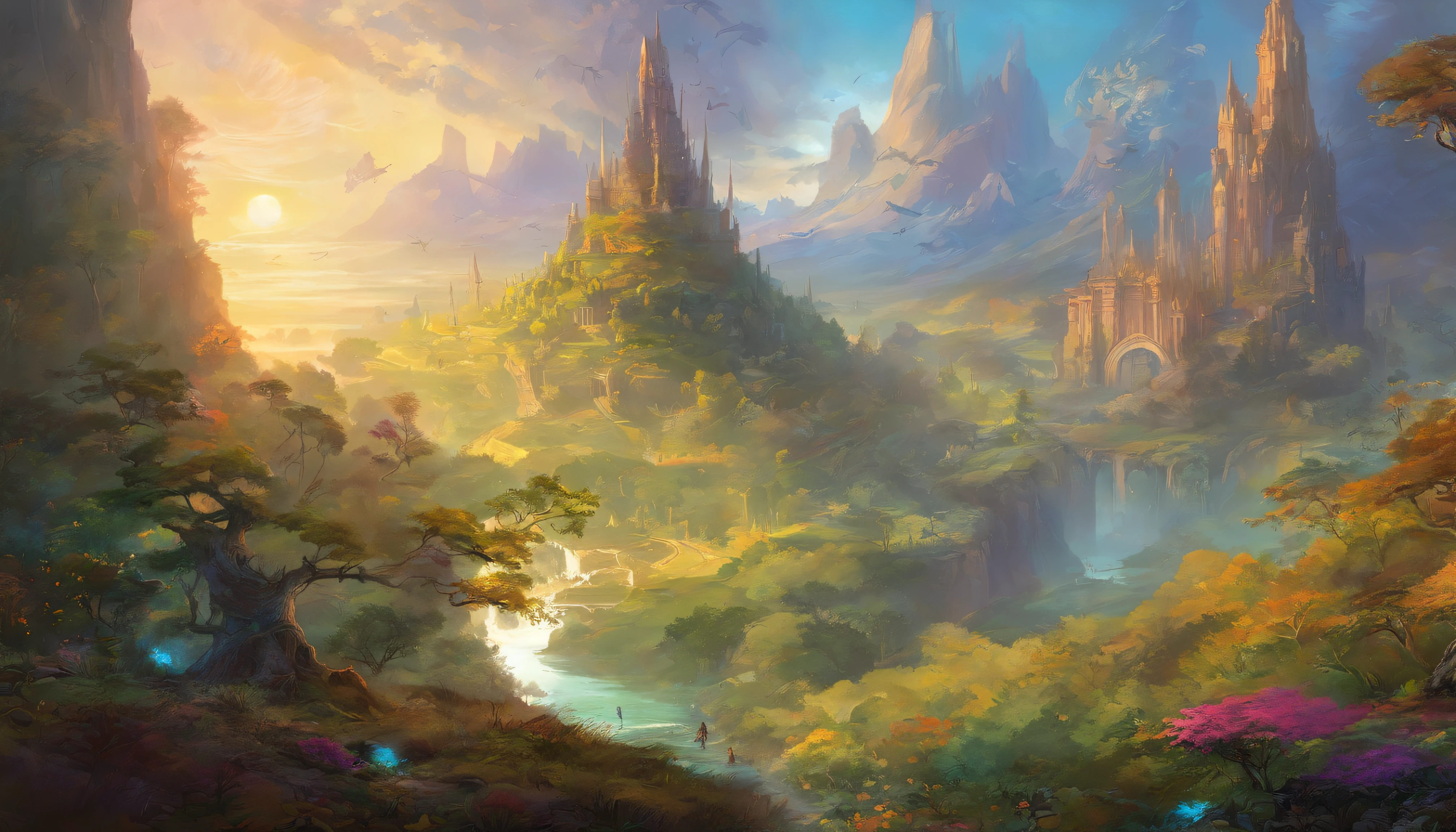 (by Greg Rutkowski: 1.2), (masterpiece), ((best quality)), extremely delicate and beautiful, illustration, (fantasy landscape), A mesmerizing fantasy landscape with enchanting elements blending seamlessly. ((Mt. Gagazet from final fantasy X)), A sense of tranquility and wonder fills the air, inviting exploration and discovery. Providing a distant view that captures the grandeur and atmosphere. From Brian Froud and Carne Griffiths and Wadim Kashin and John William Waterhouse, 8K post-production, high resolution, hyperdetailed, depth of field, HDR, intricate