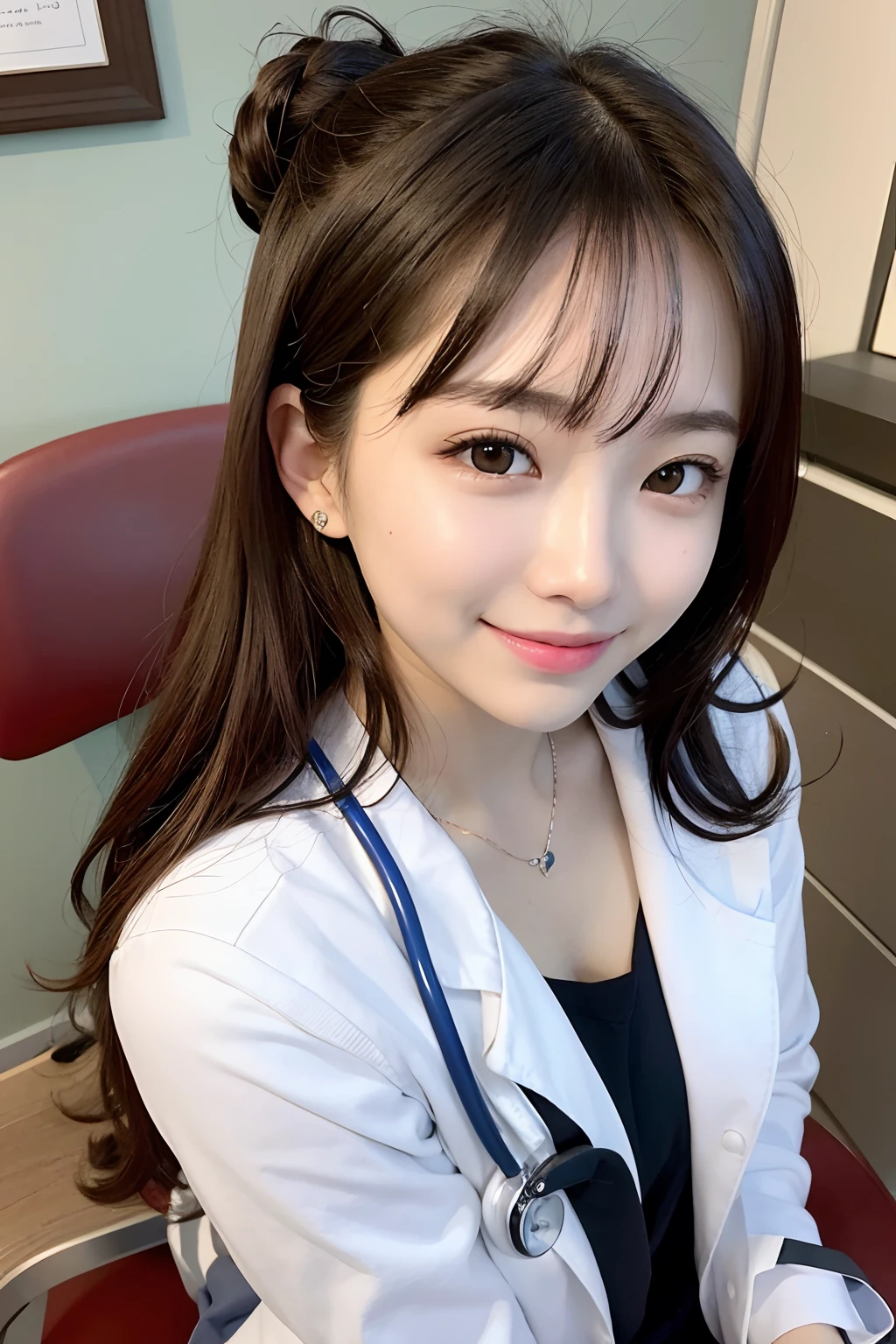 Tabletop, Highest quality, figure, Very detailed, In detail, High resolution, 8k wallpaper, Perfect dynamic composition, Beautiful attention to detail,Wavy Hair、 (short hair)、Small breasts, doctor coat、smile、cute、happy、sexy shot looking at camera,Perfect and beautiful face,24-years-old、Health Insurance Doctor、smile、Simple Necklace、Health Room