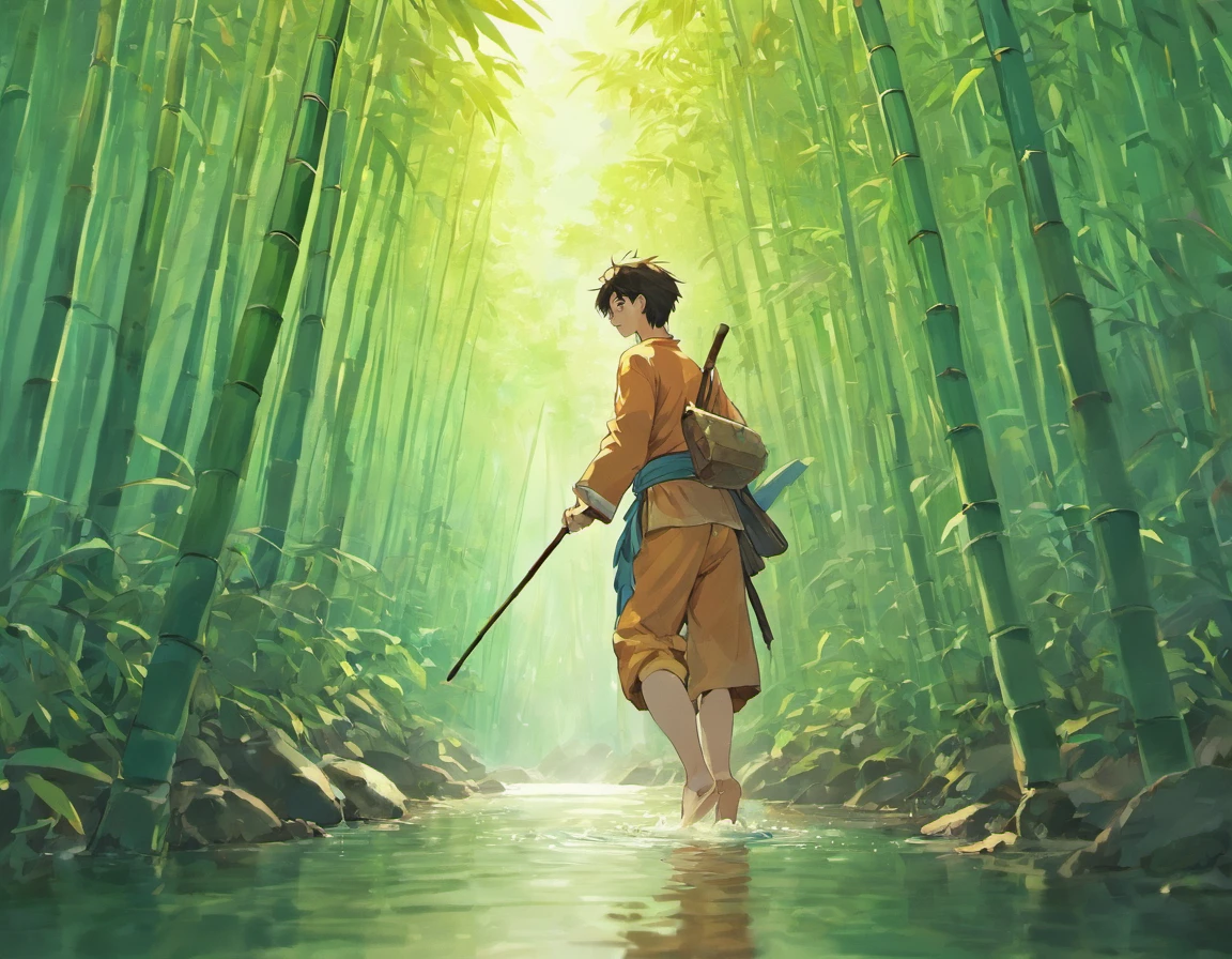 A man steps on a bamboo pole and crosses the river，Character frontal，Big rivers