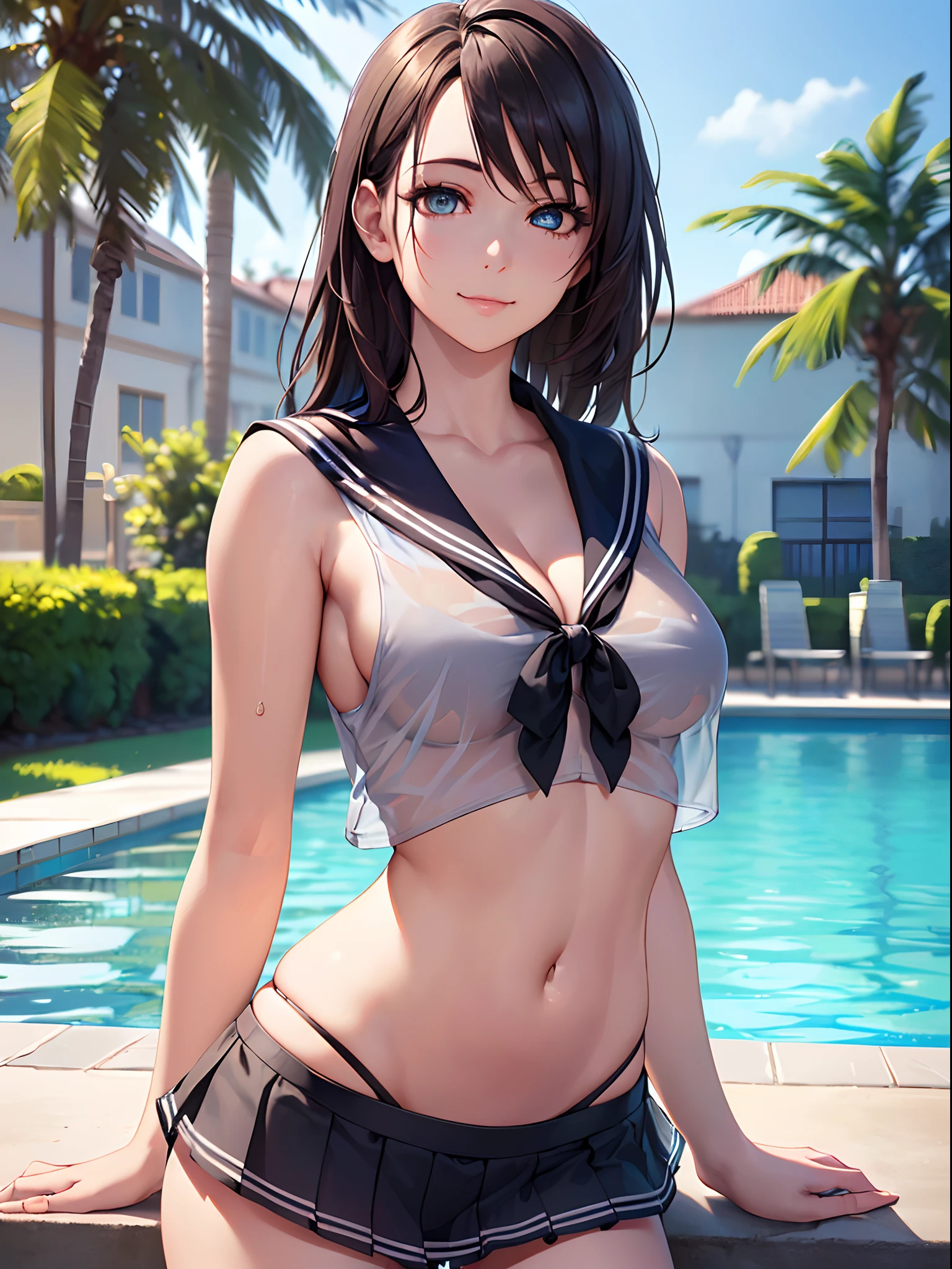 ((masterpiece, best quality, highres, UHD, perfect pixel, depth of field, 4k, RTX, HDR))), 1girl, single, solo, Statuesque, show off cleavage, fashion model posing, beautiful girl, beautiful artstyle, ((Detailed beautiful eyes, beautiful eyelashes, realistic eyes)), ((detailed face)), ((smooth texture:0.75, realistic texture:0.65, photorealistic:1.1)), large breasts, small ass, perfect body, ((cowboy shot)), ((( Sheer sailor shirt, Sleeveless, Open front))), (((Navel ))), (((Sheer Micro Mini Skirt))), poolside, smile, Perfect Eyes Eyes