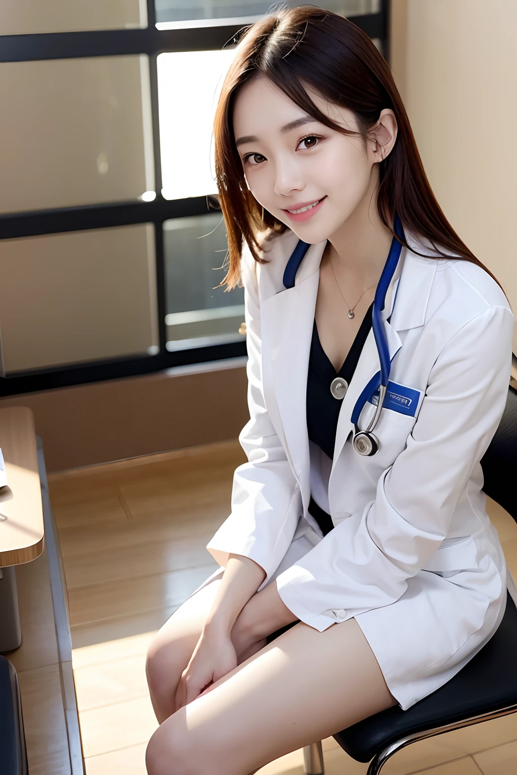 1womanl、(Super beautiful)、(beauitful face:1.5)、physician、(Dressing:1.3)、(White coat for doctors:1.5)、white shirt、(a miniskirt:1.3)、Sit in a chair in the exam room、(showing panties)、(white panties:1.1)、(with spreading legs)、(stethoscope)、(At SFW:1.1)