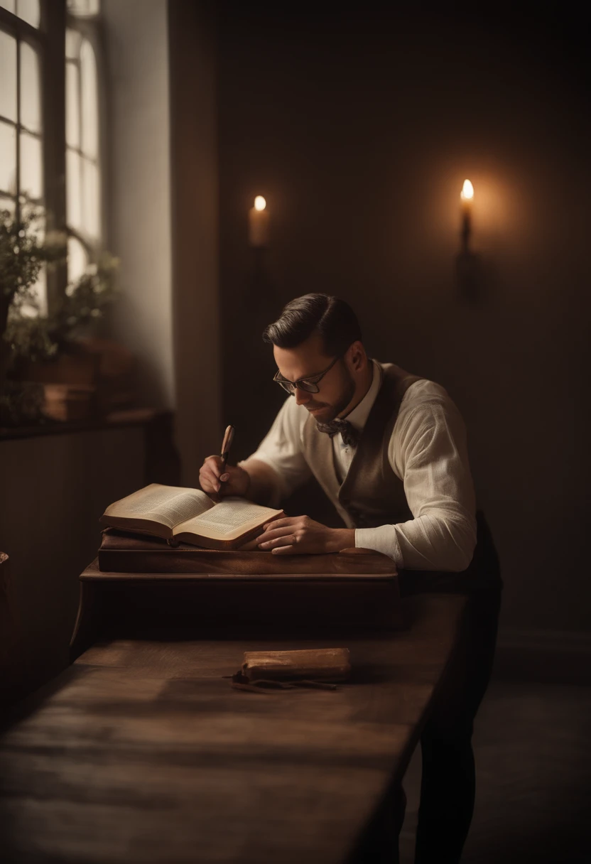 A handsome man studying the bible, Romanticism, cinematic lighting, anatomically correct, UHD, high quality