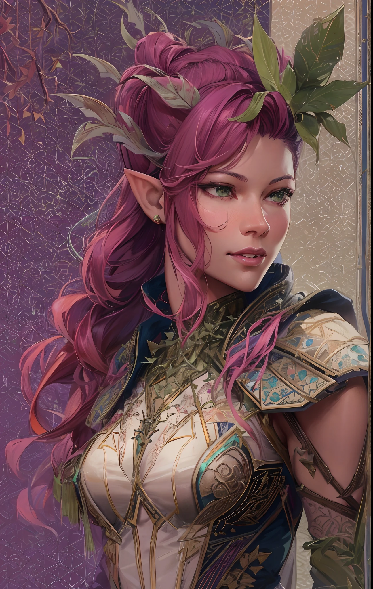 (zendaya:Evangeline Lilly) [woman:Plant:15], (masterpiece:1.4, best quality), (intricate details), unity 8k wallpaper, ultra detailed, beautiful and aesthetic, (surrealism:1.4), affinity for plants, can control their growth, shape, and even communicate with them, manipulate their thorns and vines, command them to perform specific tasks, long hair, pink hair, pointy ears