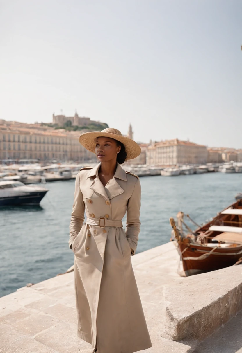 Imaginez la Reine Ranavalona III, Reine de Madagascar, blasian, disembarking majestically at the port of Marseilles. Elle porte un beau chapeau noir, and dressed in a sumptuous trench coat reflecting his status. Autour d'elle, French officials in period uniforms and curious onlookers gather to welcome or take a look at this exotic royal figure. The décor illustrates the bustling port of Marseille with its boats, Seagulls and historic architecture in the background. The Mediterranean Sea sparkles in the sun, et l'air est rempli d'anticipation. Aucun texte sur l'image, Please.