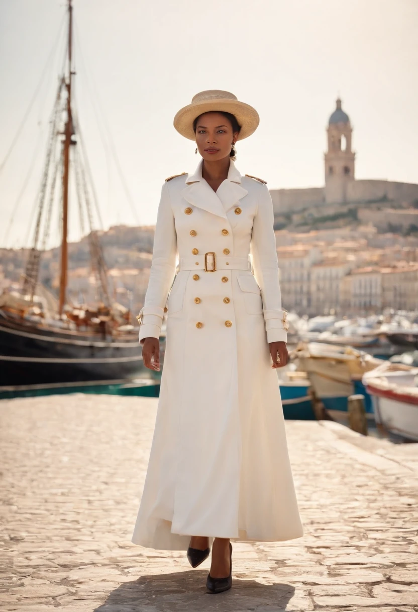 Imaginez la Reine Ranavalona III, Reine de Madagascar, blasian, disembarking majestically at the port of Marseilles. Elle porte un beau chapeau noir, and dressed in a sumptuous trench coat reflecting his status. Autour d'elle, French officials in period uniforms and curious onlookers gather to welcome or take a look at this exotic royal figure. The décor illustrates the bustling port of Marseille with its boats, Seagulls and historic architecture in the background. The Mediterranean Sea sparkles in the sun, et l'air est rempli d'anticipation. Aucun texte sur l'image, Please.