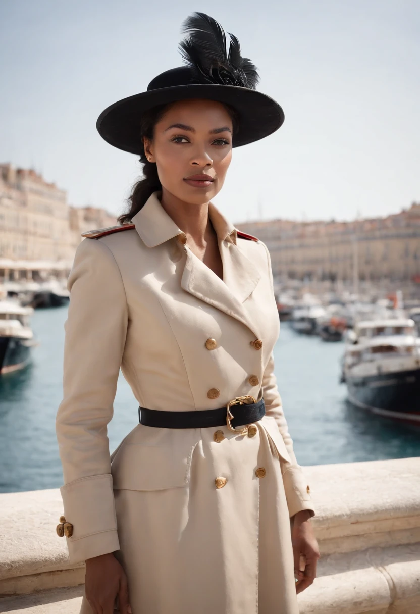 Imaginez la Reine Ranavalona III, Reine de Madagascar, blasian, disembarking majestically at the port of Marseilles. Elle porte un beau chapeau noir, and dressed in a sumptuous trench coat reflecting his status. Autour d'elle, French officials in period uniforms and curious onlookers gather to welcome or take a look at this exotic royal figure. The décor illustrates the bustling port of Marseille with its boats, Seagulls and historic architecture in the background. The Mediterranean Sea sparkles in the sun, et l'air est rempli d'anticipation. Aucun texte sur l'image, Please.