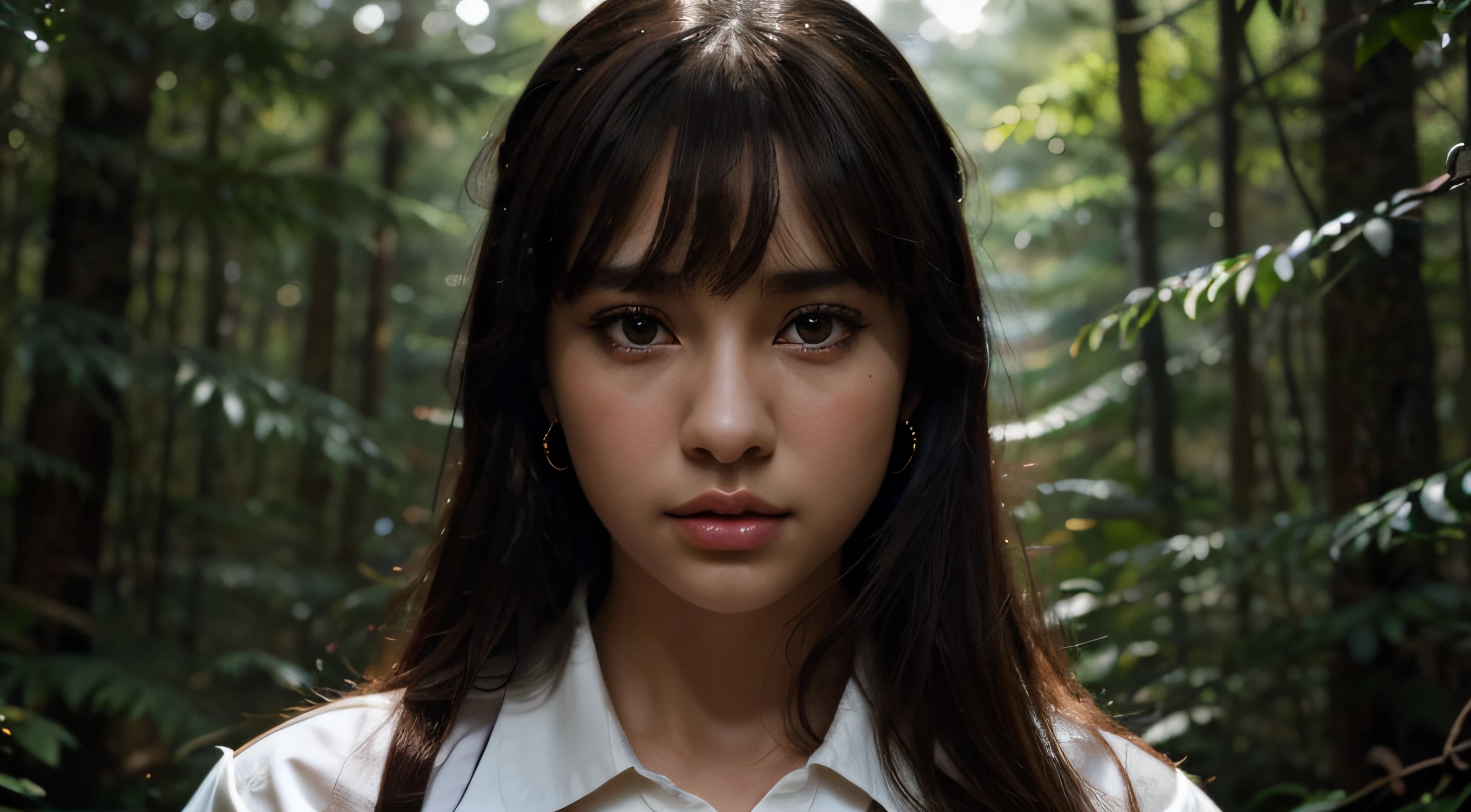 ８K、aesthetics、hi-school girl、glossy、a beauty girl、17 age、Being in the Blue Forest、deep-forest、Looking at the camera、ighly detailed、Hands in mind、Beautiful brown eyes、White shirt、Black tie、Golden earrings、With bangs、Beautiful eyebrows、Quiet anger、shadowy