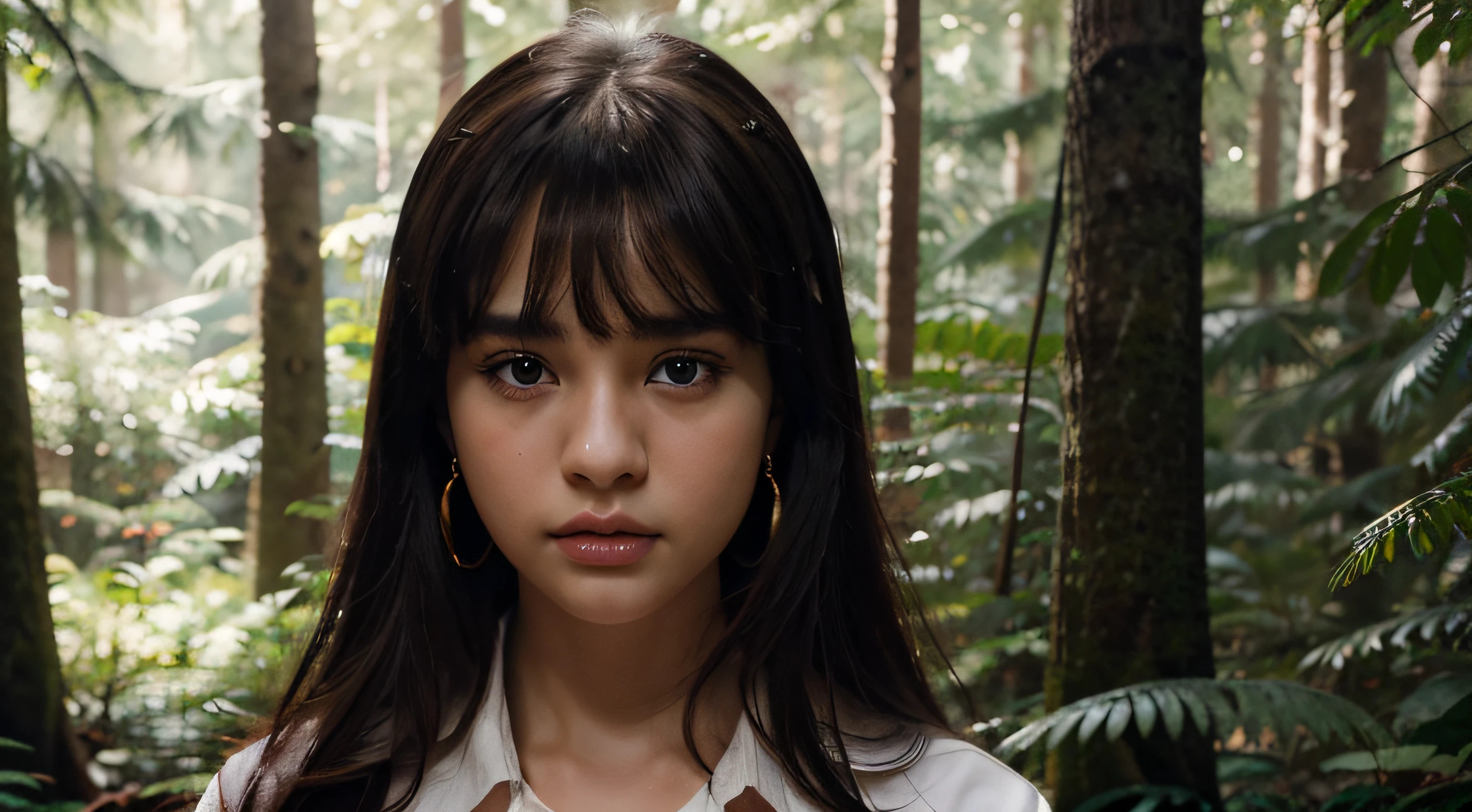 8K、aesthetics、hi-school girl、glossy、a beauty girl、17 age、Being in the Blue Forest、deep-forest、Looking at the camera、ighly detailed、Hands in mind、Beautiful brown eyes、White shirt、Black tie、Golden earrings、With bangs、Beautiful eyebrows、Quiet anger、shadowy