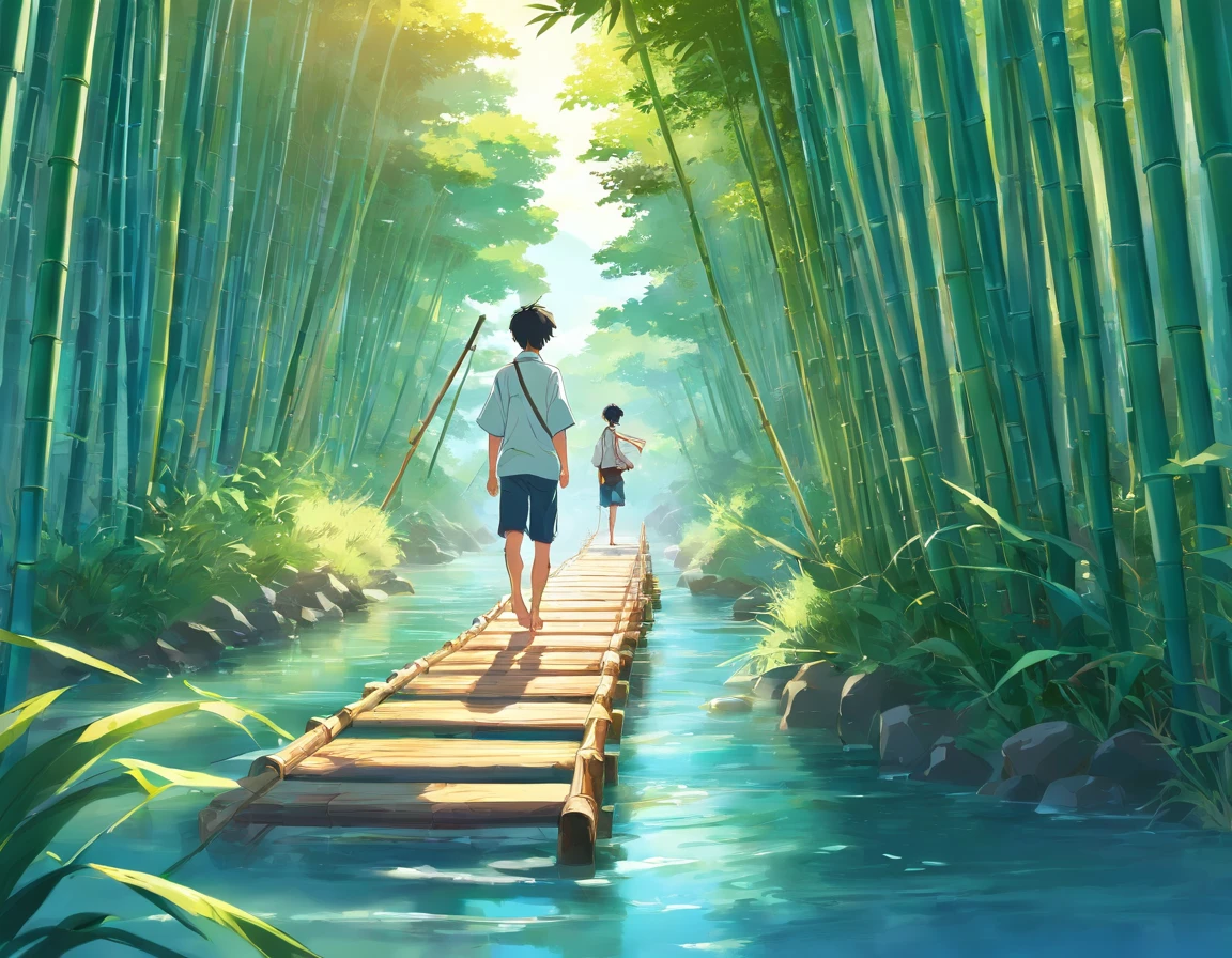 A man steps on a bamboo pole and crosses the river